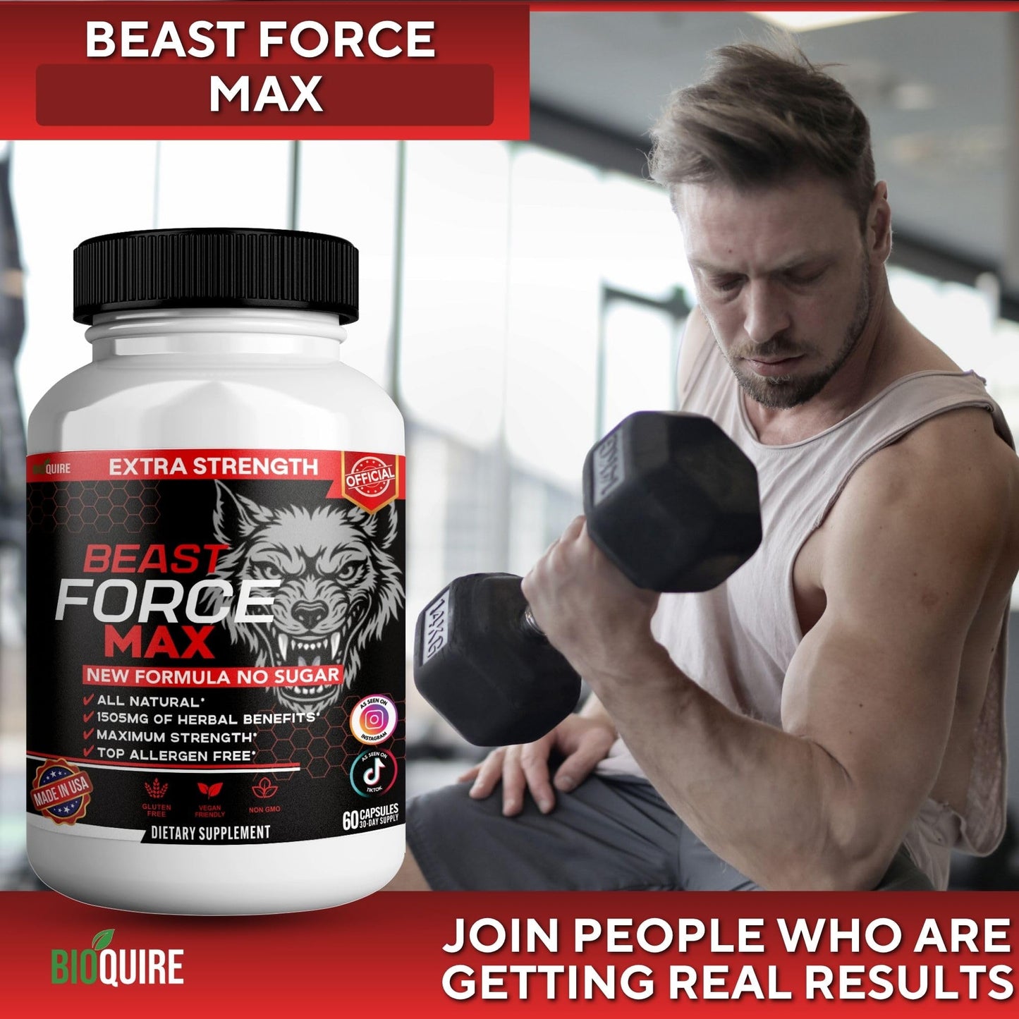 BIOQUIRE Beast Force Max Extra Strength Maca Root Complex, 60 Capsules