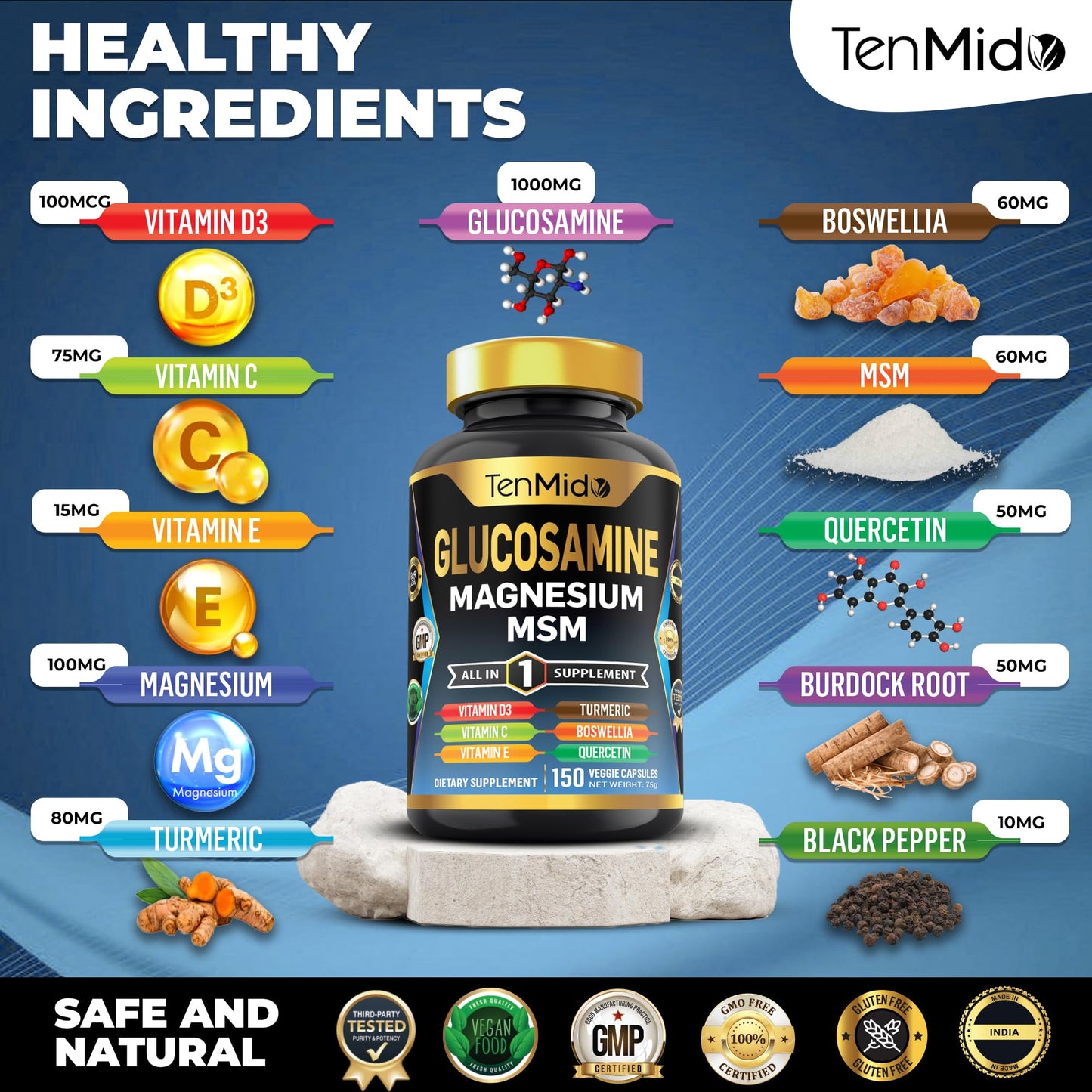 Tenmido Glucosamine MSM Supplement Capsule, 150 Capsules