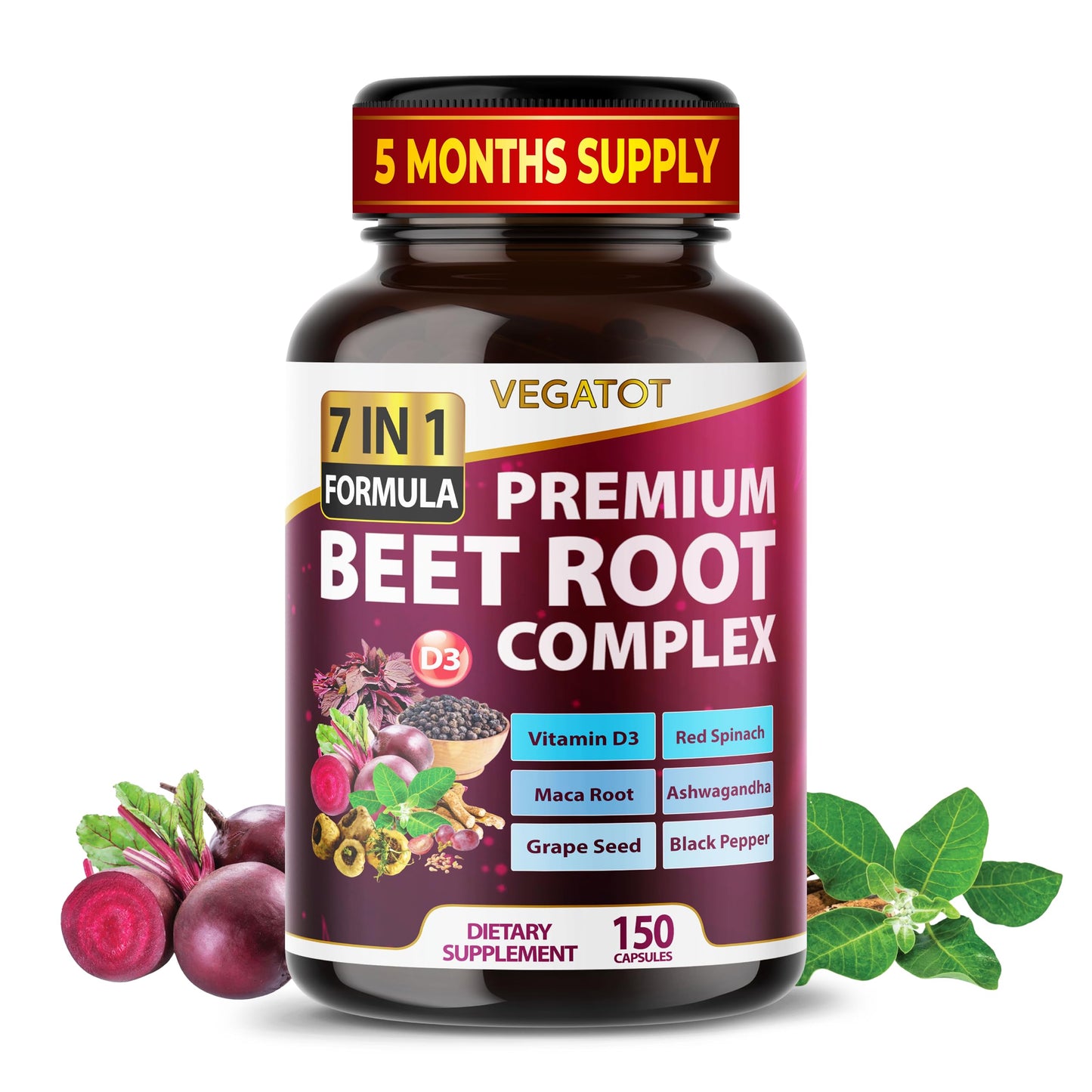 VEGATOT Ginseng Maca Root Ashwagandha Capsules, 90 Count