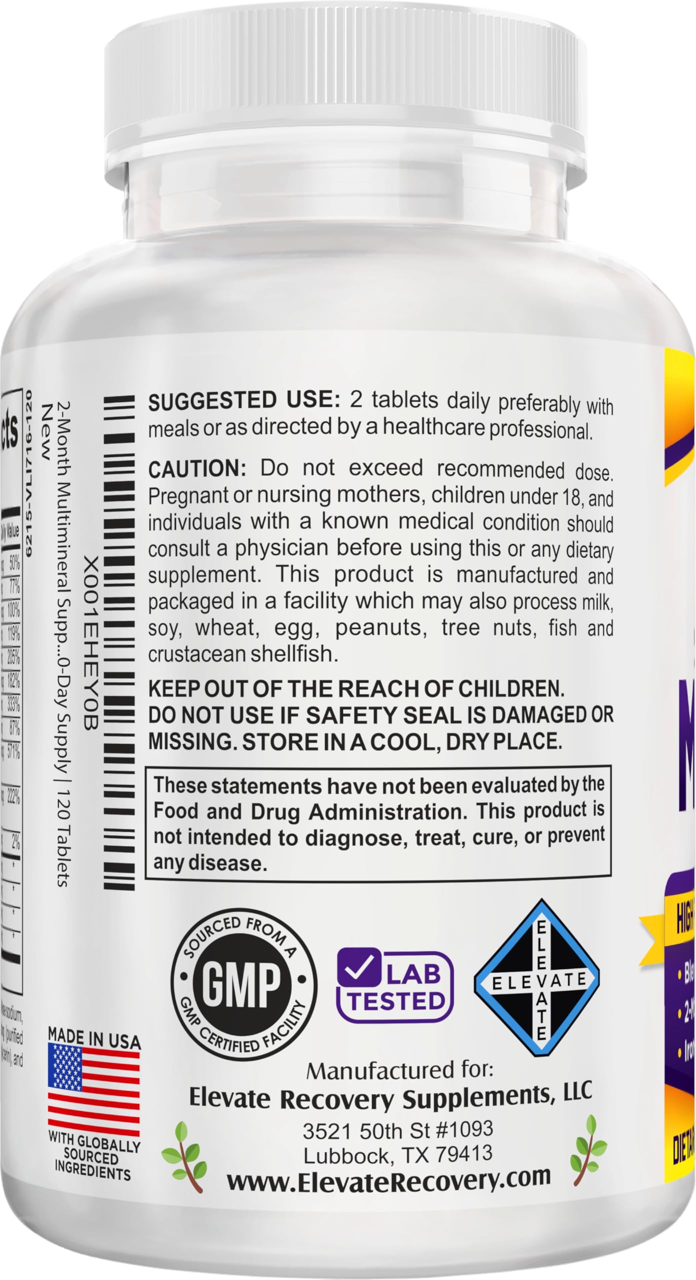 Elevate Recovery Supplements 2-Month Multimineral Supplement Iron-Free Formula 60-Day Bulk Supply 120 Tablets