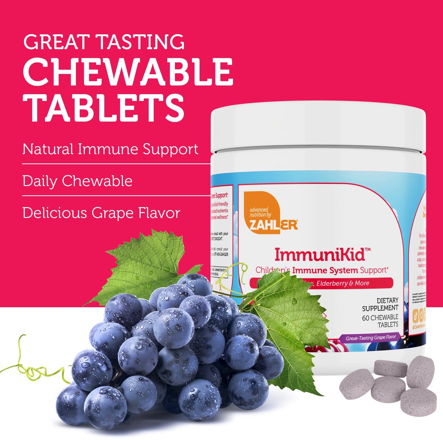 Zahler Kids Immune Support Supplement with Elderberry, Zinc and Vitamin C D3 A - Grape Flavored, 60 Tablets