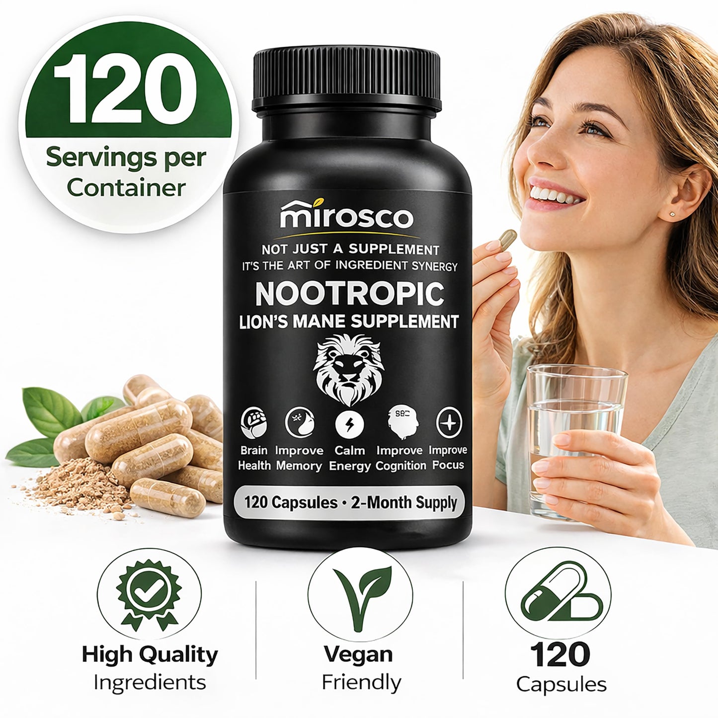 Mirosco Organic Lions Mane Supplements with Mushroom Extract, Rhodiola Bacopa & L-Theanine, 90 Capsules
