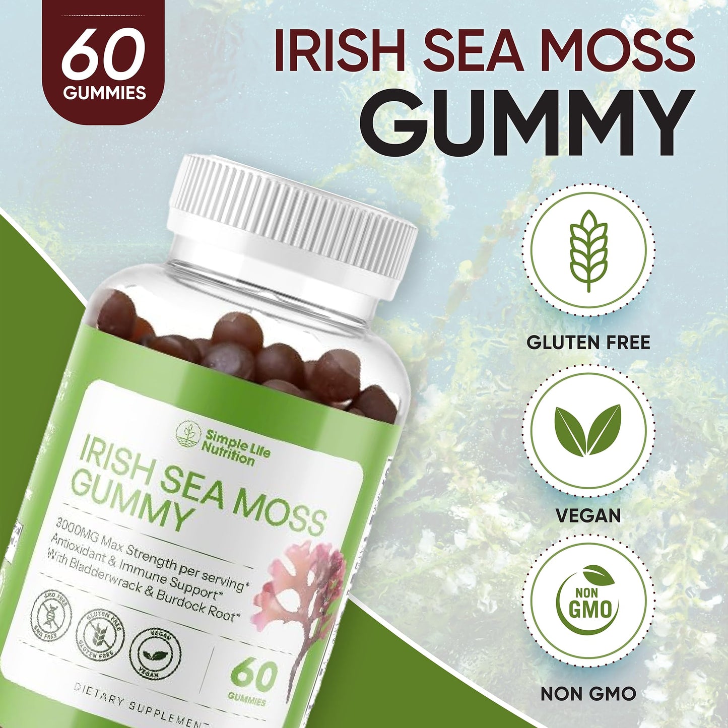 Simple Life Nutrition Organic Irish Sea Moss Gummies with Burdock Root & Bladderwrack, 60 Gummies