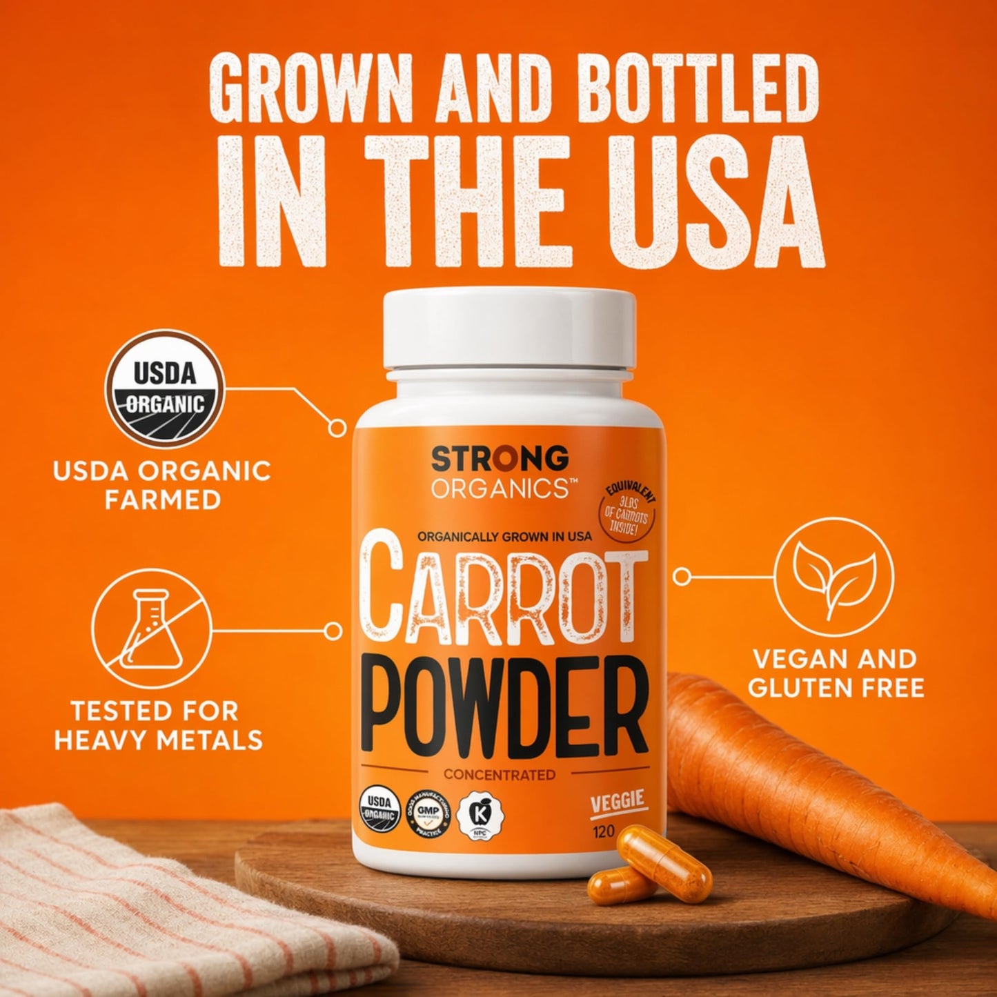 Strong Organics Organic Beta Carotene Eye Vitamins for Adults Carrot Vitamin A Capsule 120 Count