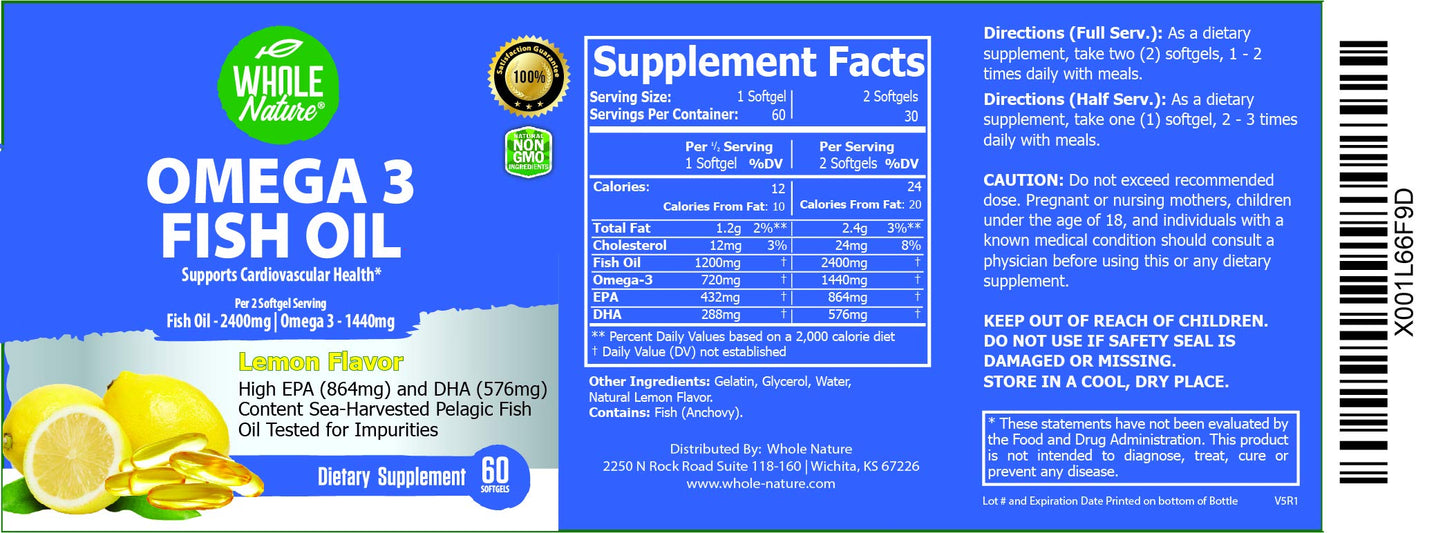 Whole Nature Omega 3 Fish Oil Capsules, 60 Count
