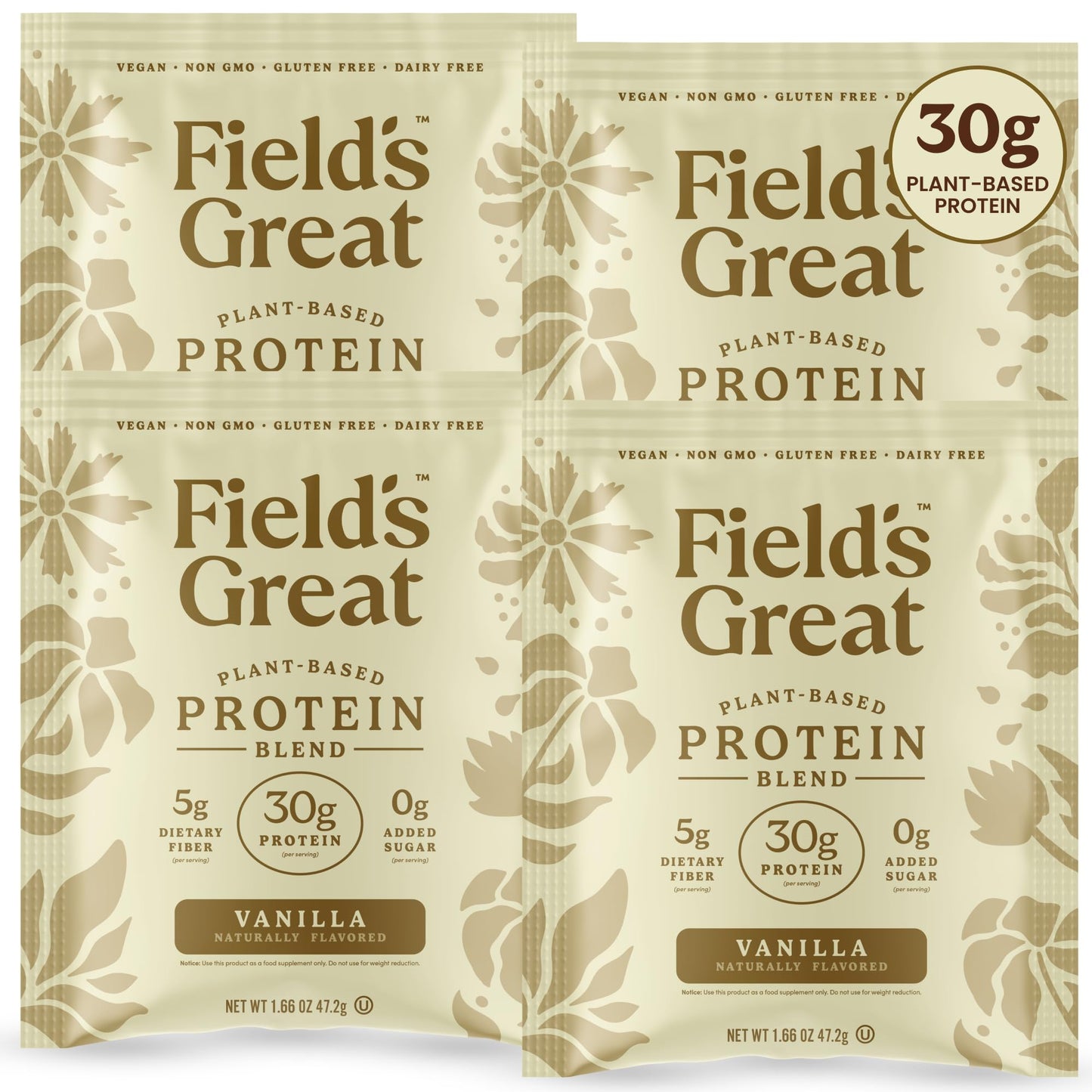 Field's Great Plant-Based Protein Powder with Fiber for Muscle Maintenance, Vanilla, 4-Pack