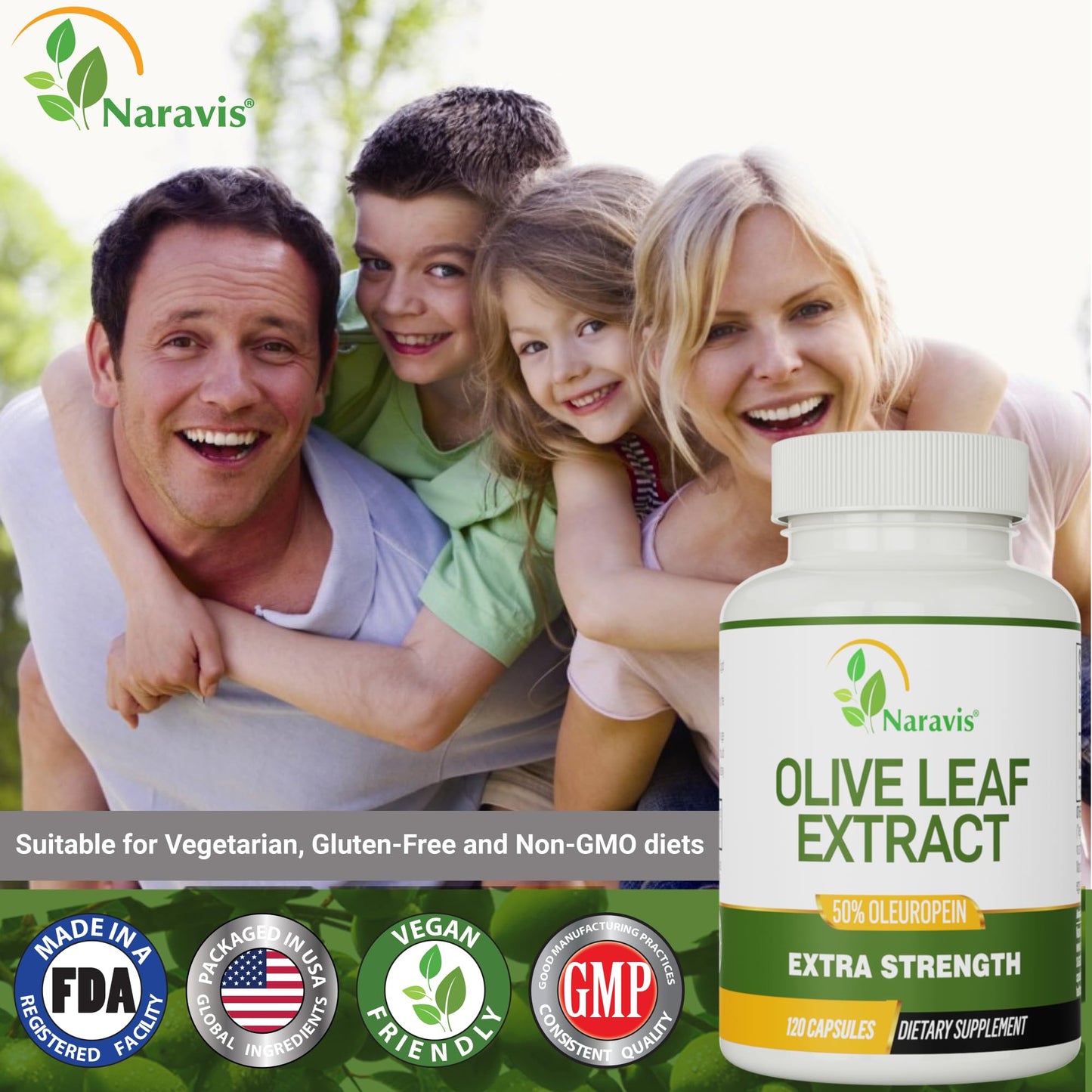 Naravis Olive Leaf Extract 50% Oleuropein Immune Support Capsules 120