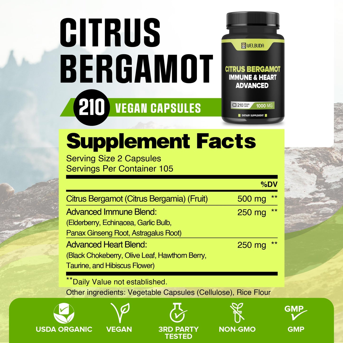 WELBUDA Citrus Bergamot with Olive Leaf, Hawthorn Berry & More Capsules, 210 Count