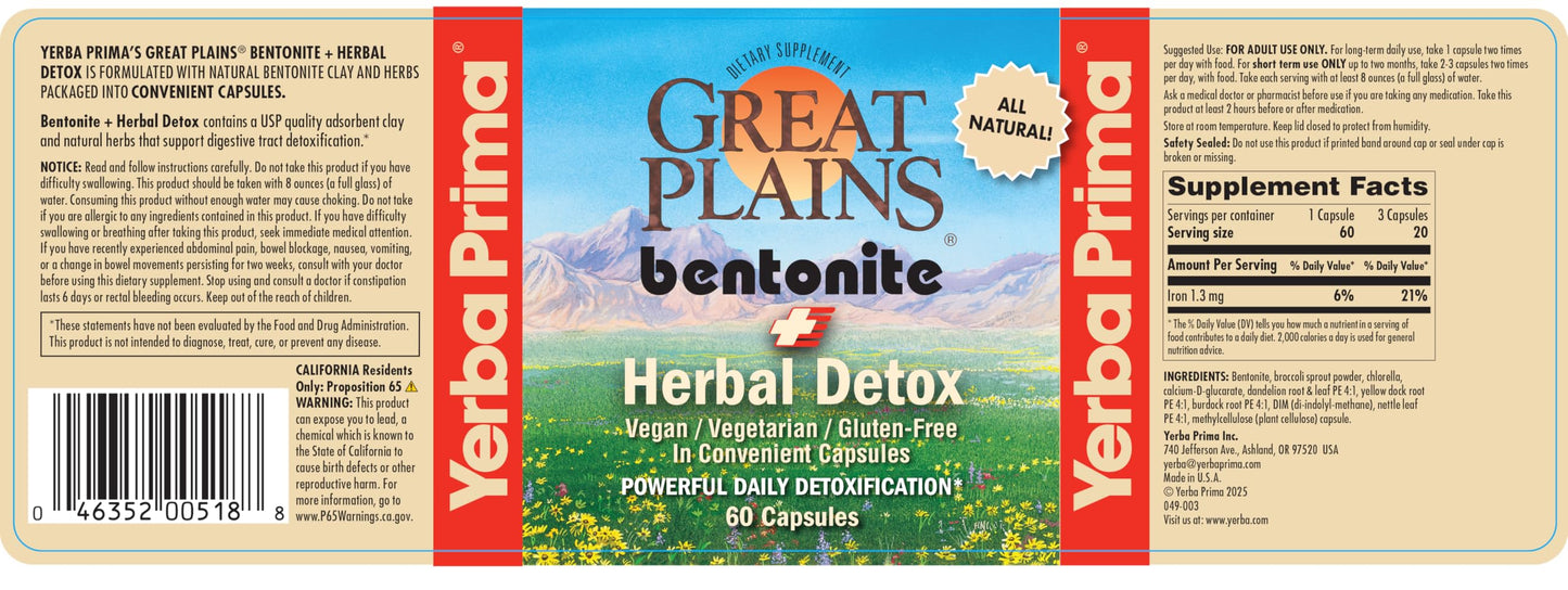 Yerba Prima Bentonite Clay Plus Herbal Detox - Natural Cleansing Supplement 60 Capsules