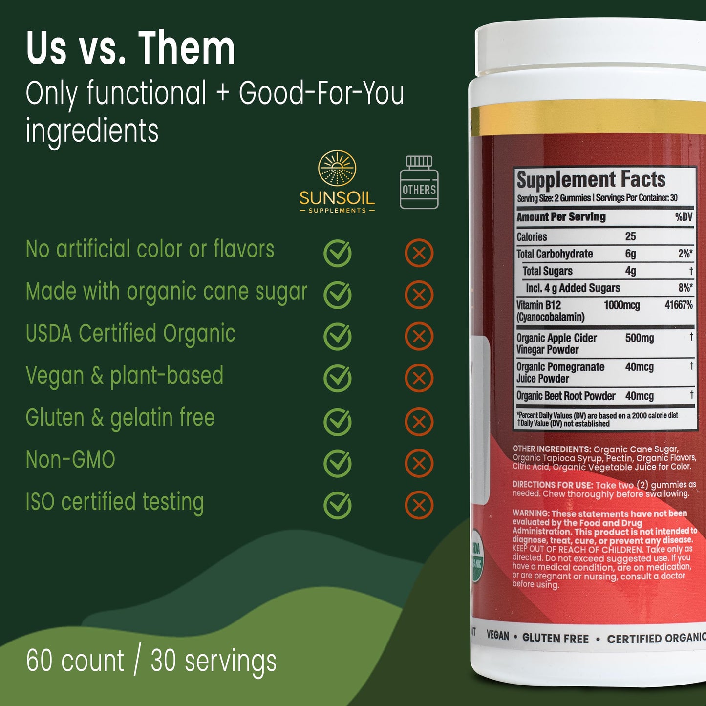Sunsoil Supplements Energy Boost Organic Gummies Vitamin B12 60 Count