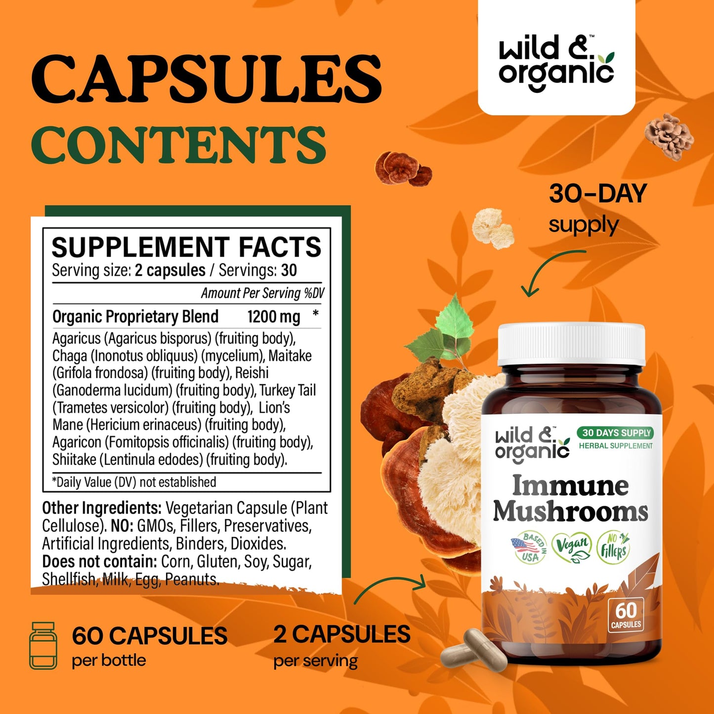 Wild & Organic Immune Mushroom Complex Capsules - 60 Count
