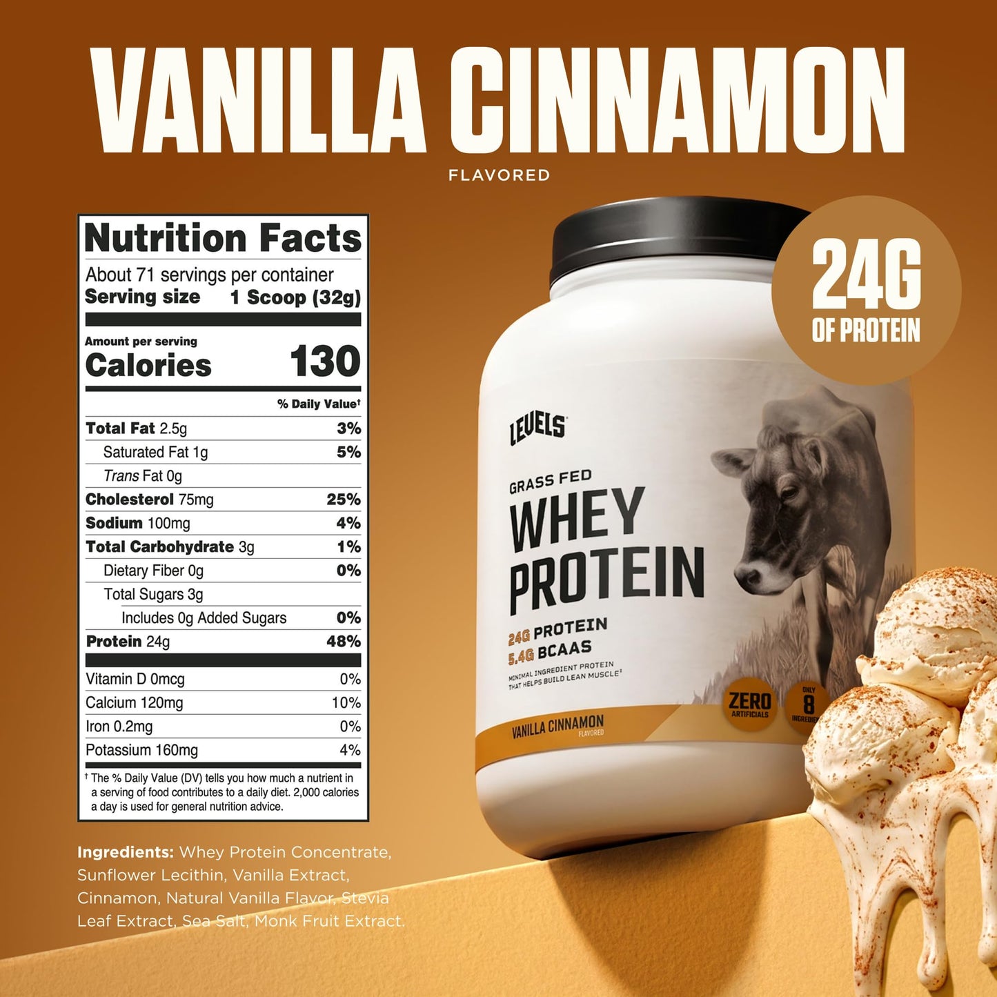 Levels Nutrition Grass Fed Whey Protein Powder Vanilla Cinnamon, 80 Servings, 5 lb