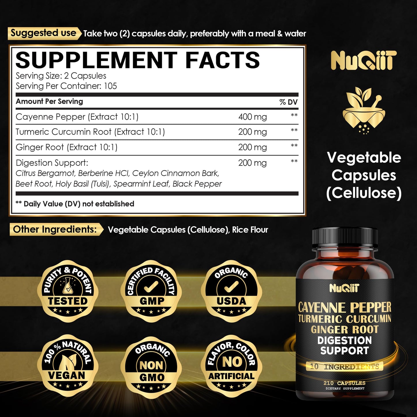 NUQIIT Cayenne Pepper Supplement with Turmeric Curcumin Root, Ginger Root, Ceylon Cinnamon Bark & More, 210 Capsules