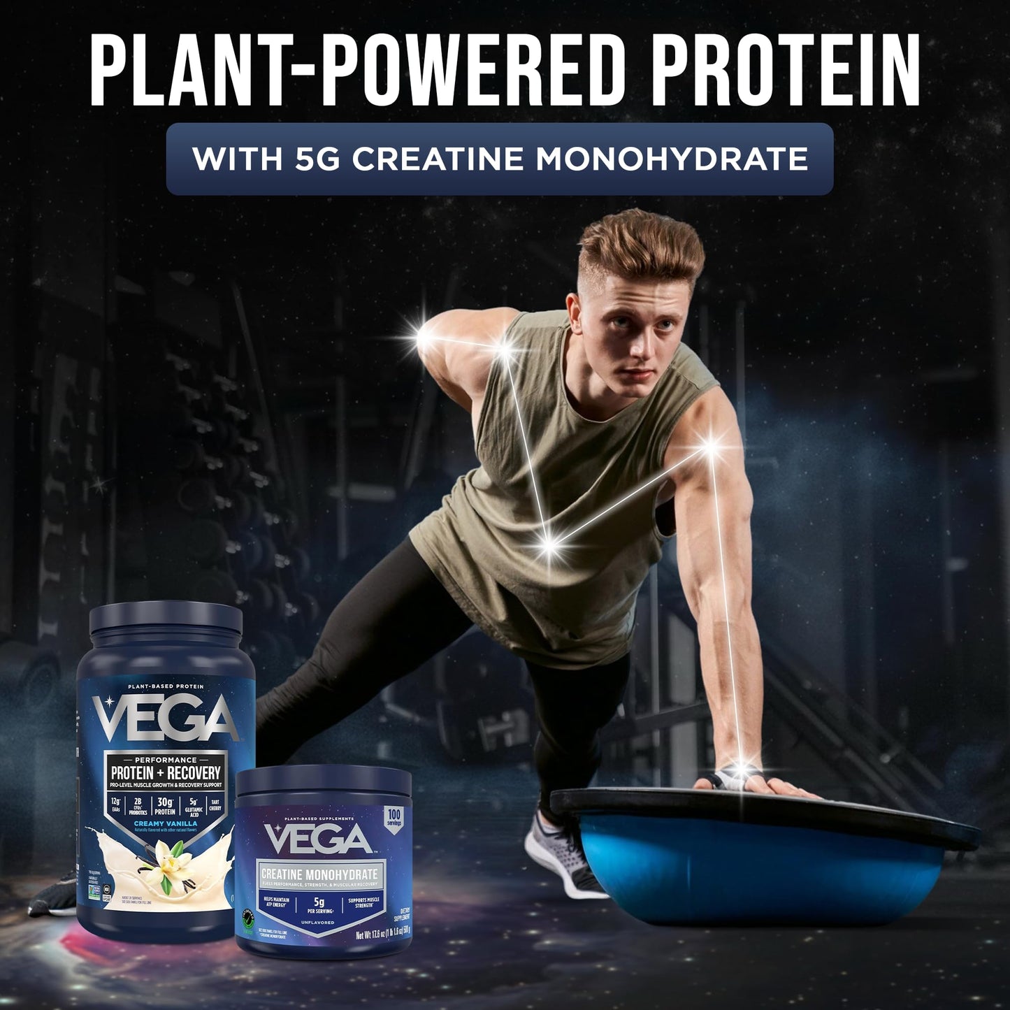 Vega Protein + Recovery Vanilla & Creatine Monohydrate Powder Bundle, Plant-Based Protein & Creatine Monohydrate Powder, 2.9 lb Total