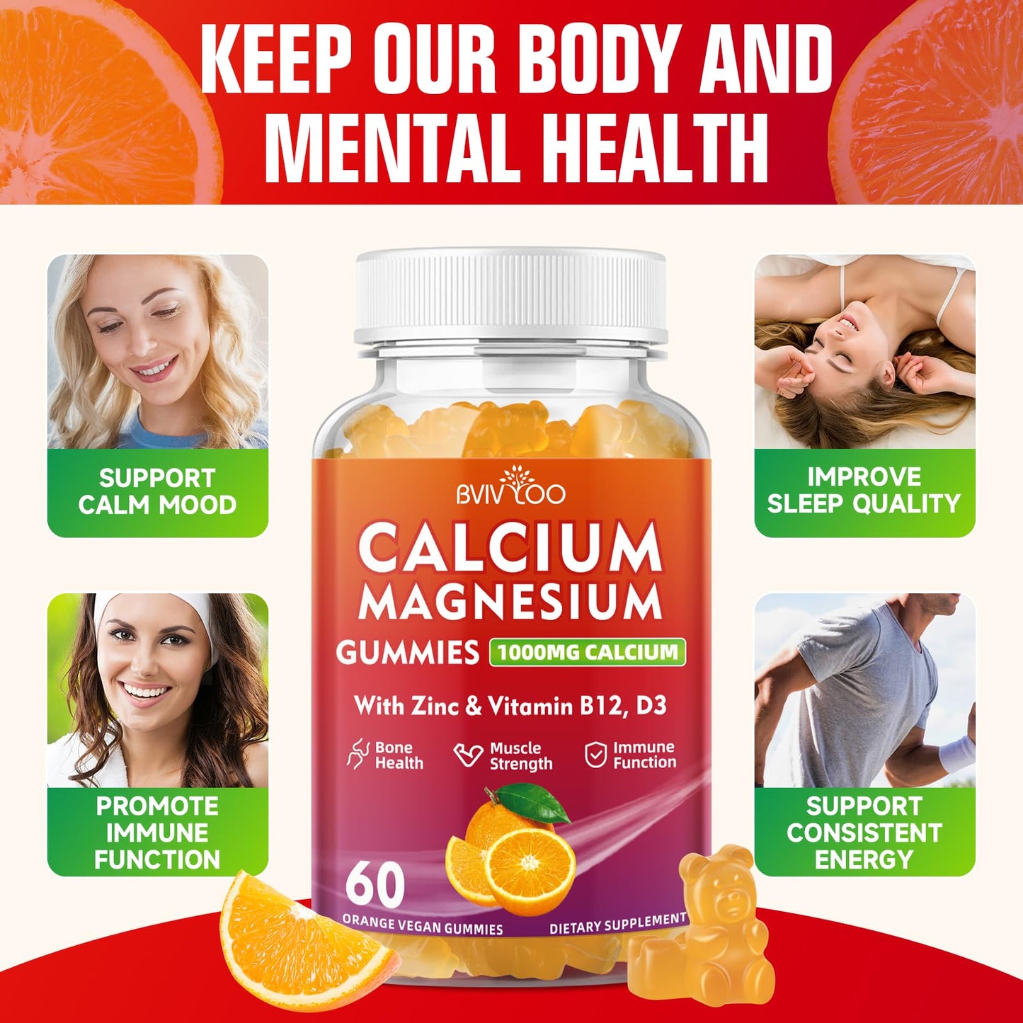 BVIVLOO Calcium Gummies 1000mg with Vitamin D3 K2 & B Complex, Potassium, Magnesium & Zinc, Gummies, 2-Pack