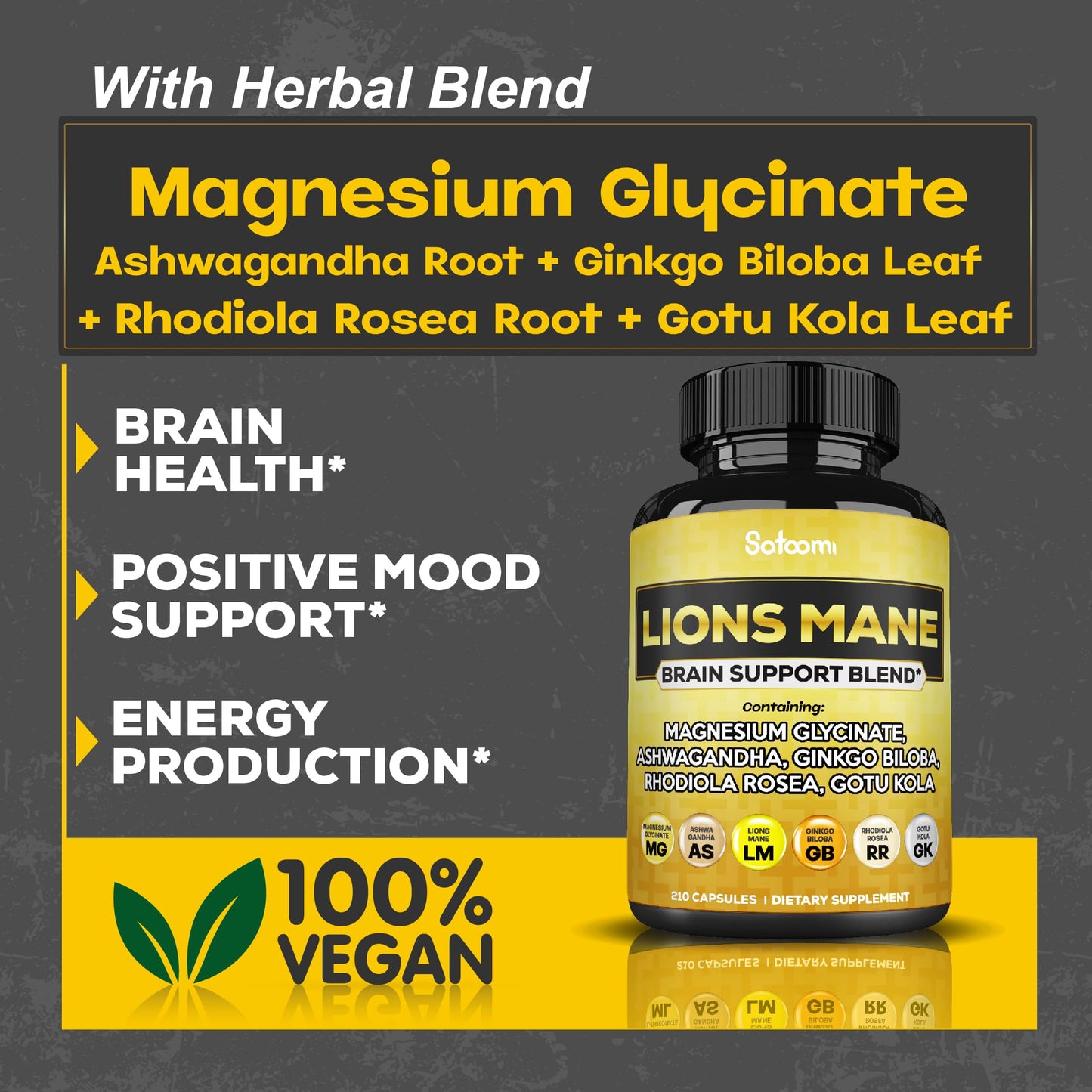 Satoomi Lions Mane Supplement Capsules with Magnesium, Ashwagandha, Ginkgo Biloba, Rhodiola Rosea and Gotu Kola - 210 Vegan Capsules