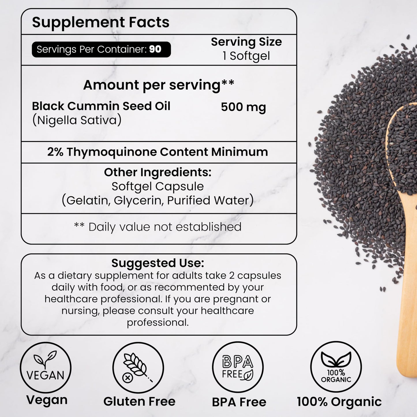 HERBOGANIC Cold Pressed Black Seed Oil Capsules 90 Count
