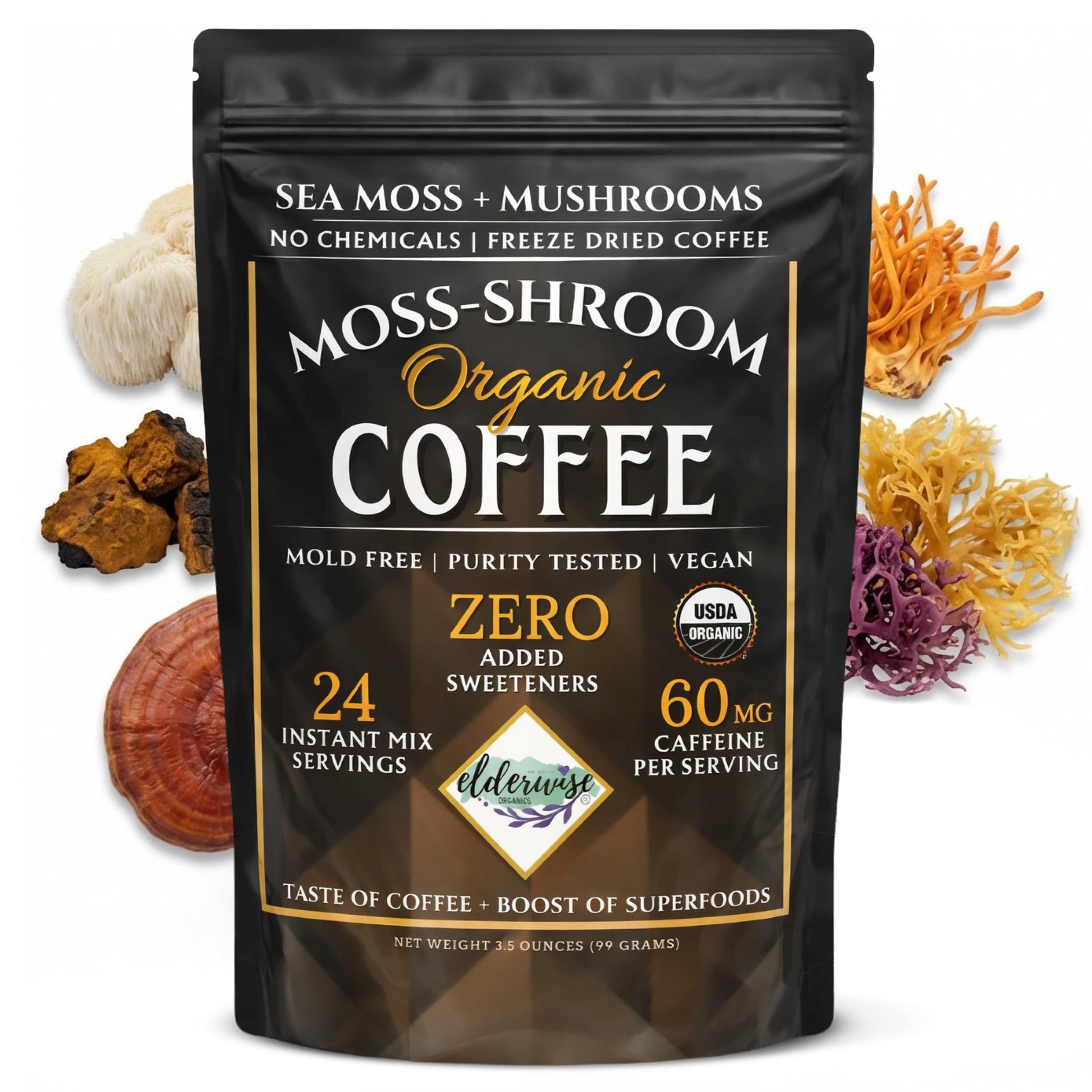 Elderwise Organics Made With Love Mushroom Coffee with Sea Moss Organic Instant Blend Powder 3.5 oz