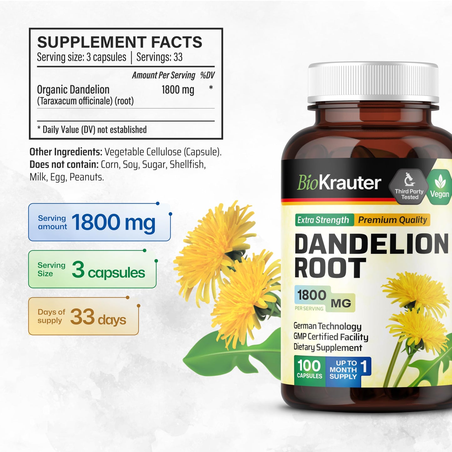 BIO KRAUTER Dandelion Root Extract for Liver & Kidney Support Capsules 100 Count