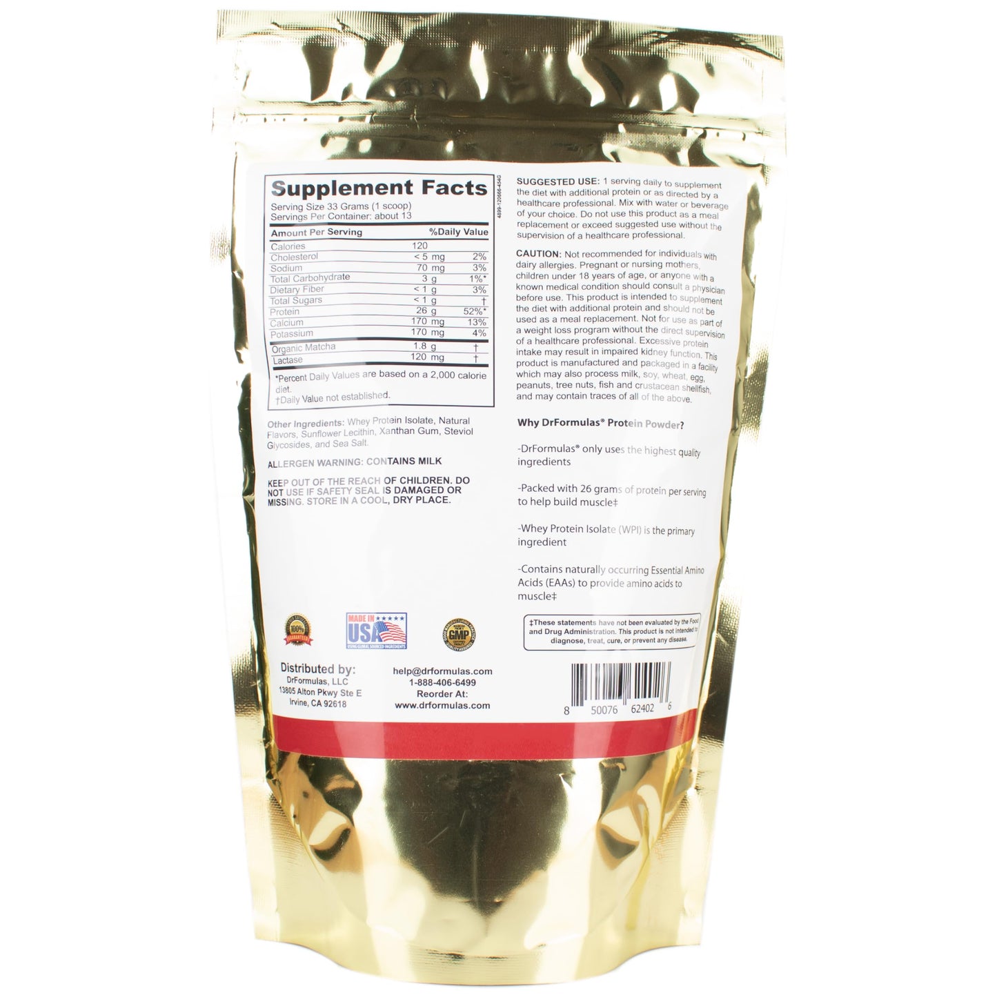 DrFormulas Lactose-Free Whey Protein Isolate Powder with Lactase, Organic Matcha with Vanilla Flavor, 16 Servings