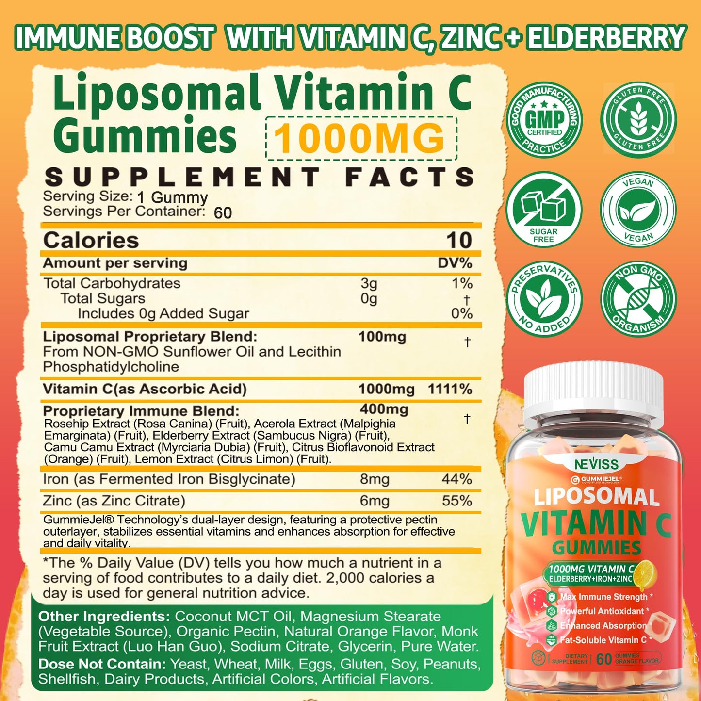 Liposomal Vitamin C 1000mg Gummies for Adults - Vitamin C Chewable 1500mg with 8mg Iron, Zinc & Elderberry - Immune Support, Immune Booster Supplement - for Energy, Collagen Booster, 2Pack Sugar Free