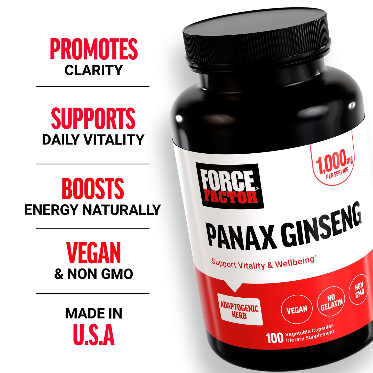 Force Factor Panax Ginseng Adaptogenic Korean Ginseng Supplement Capsule, 100 Count
