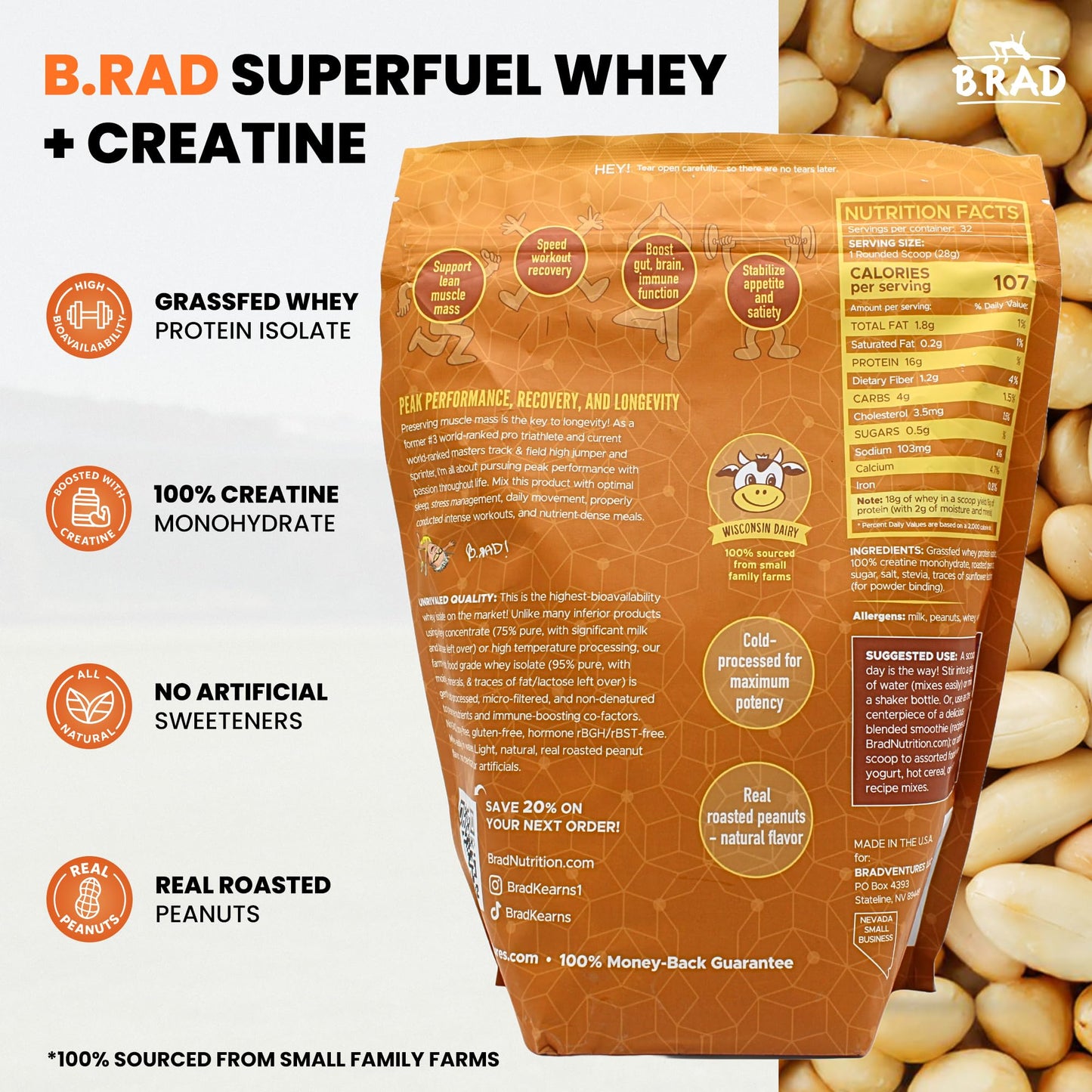 B.rad Superfuel Grass Fed Whey Protein Isolate Boosted with Creatine Peanut Butter Powder, 2 lb, 32 Servings