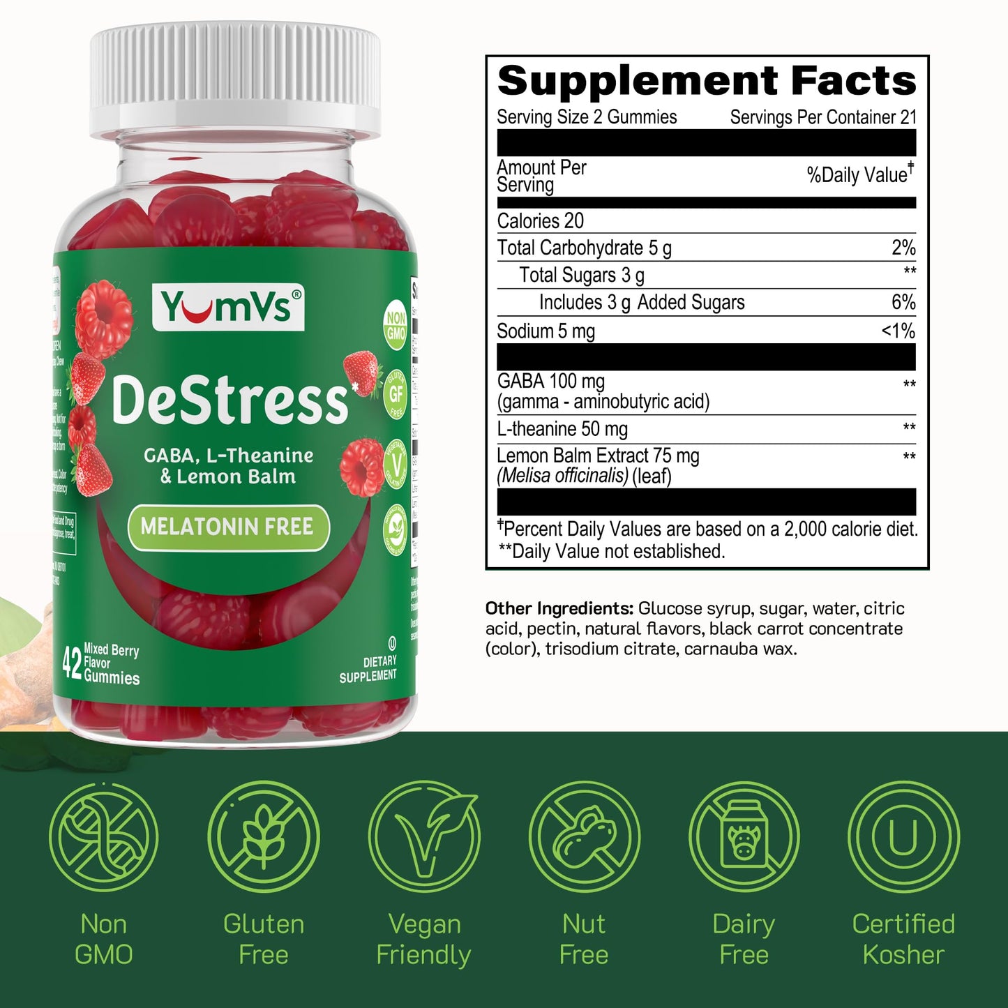 YUM-V'S De-Stress Gummies with GABA, L-Theanine and Lemon Balm - Mixed Berry Flavor - Calming Gummies for Adults and Teens - Gluten Free Non-GMO Vegetarian Mood Support Relax Supplement, 42 Count