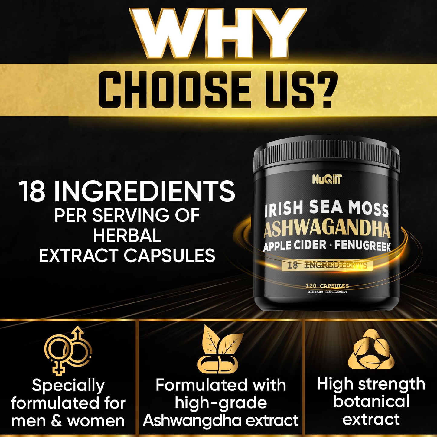 NUQIIT Organic Ashwangdha Capsules with Irish Sea Moss Apple Cider Vinegar & More, 120 Vegan Capsules