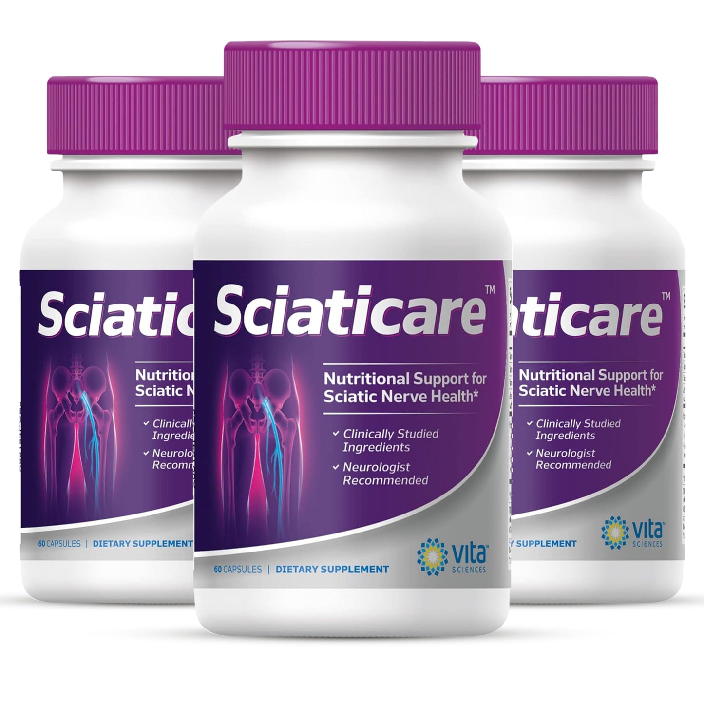 Vita Sciences Sciaticare Nerve Soothing Supplement Vitamins with Natural R-ALA Form 40X Strength, NOT Synthetic Alpha Lipoic Acid (ALA) - Lower Lumbar Sciatic, Hip, Thigh, Leg, Foot Capsules 60