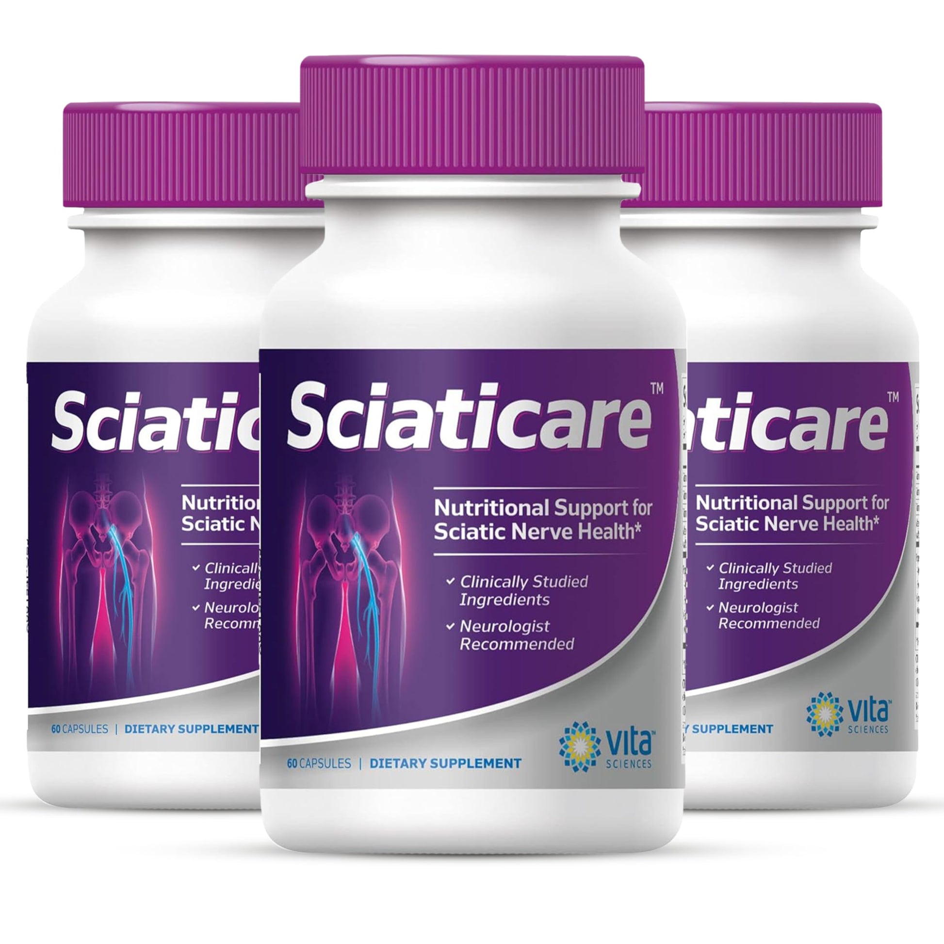 Vita Sciences Sciaticare Nerve Soothing Supplement Vitamins with Natural R-ALA Form 40X Strength, NOT Synthetic Alpha Lipoic Acid (ALA) - Lower Lumbar Sciatic, Hip, Thigh, Leg, Foot Capsules 60