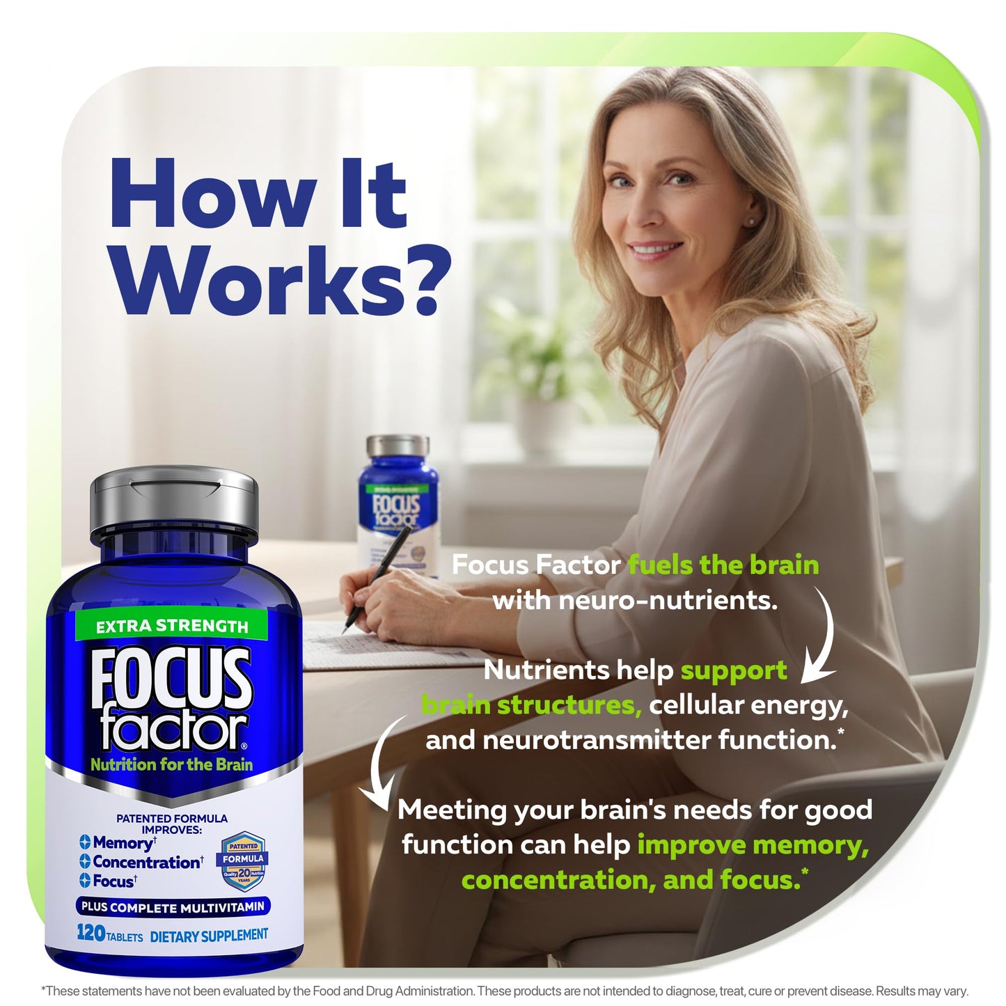 Focus Factor Adults Extra Strength Brain Health Multivitamin with DMAE, Vitamin D, DHA Tablets, 120 Count