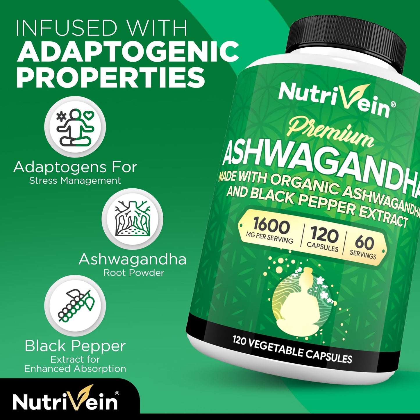 Nutrivein Ashwagandha Root 1600 mg with Black Pepper, 120 Capsules