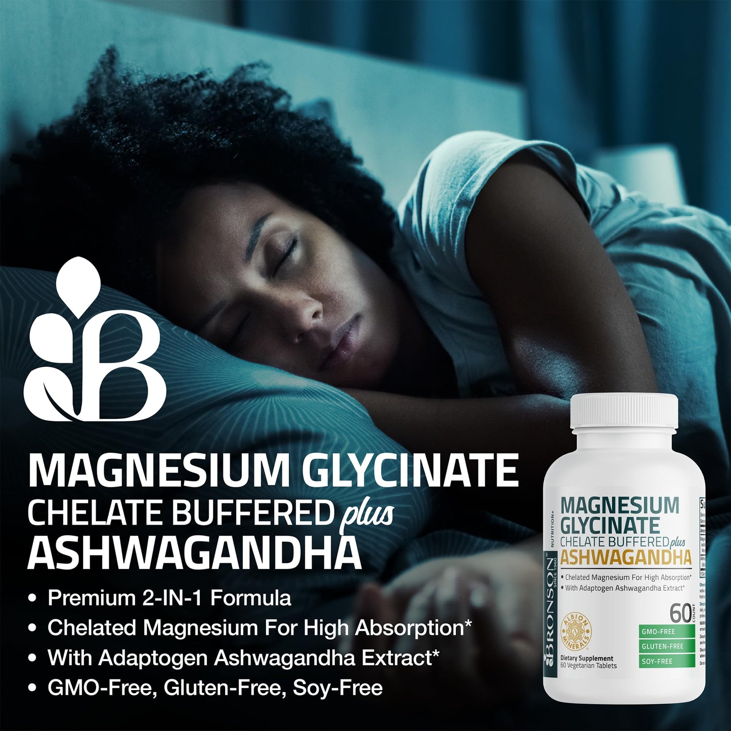 Bronson Magnesium Glycinate Plus Ashwagandha Dietary Supplement Tablet 120 Count
