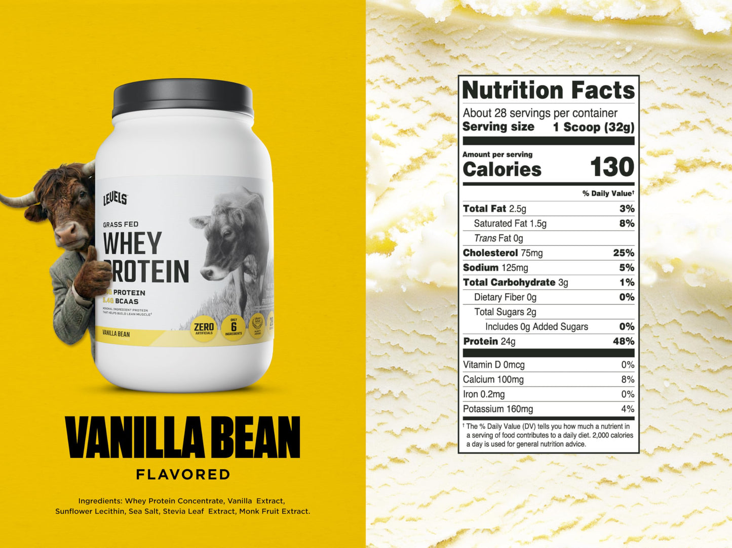 Levels Nutrition Grass Fed Whey Protein Powder Vanilla Bean, 32 Servings, 2 lb