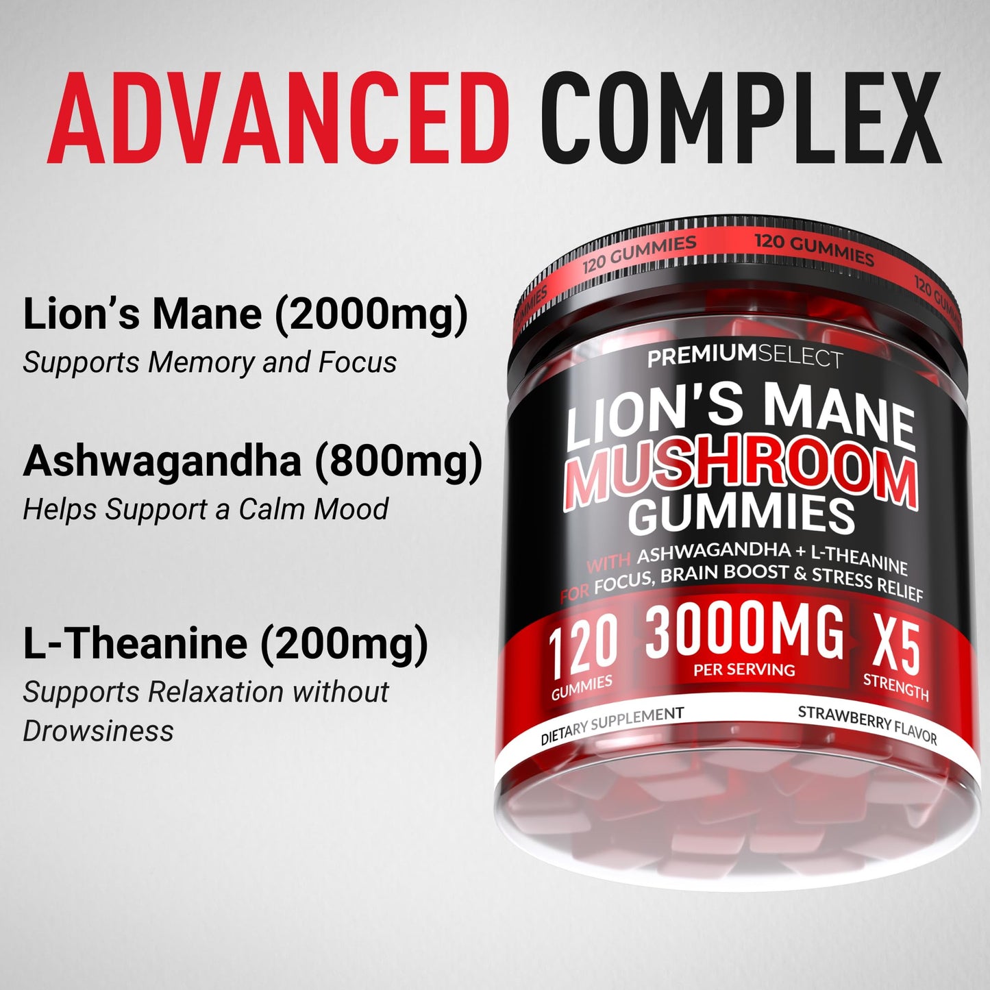 Premium Select Nutrition Lions Mane Gummies 120 Count