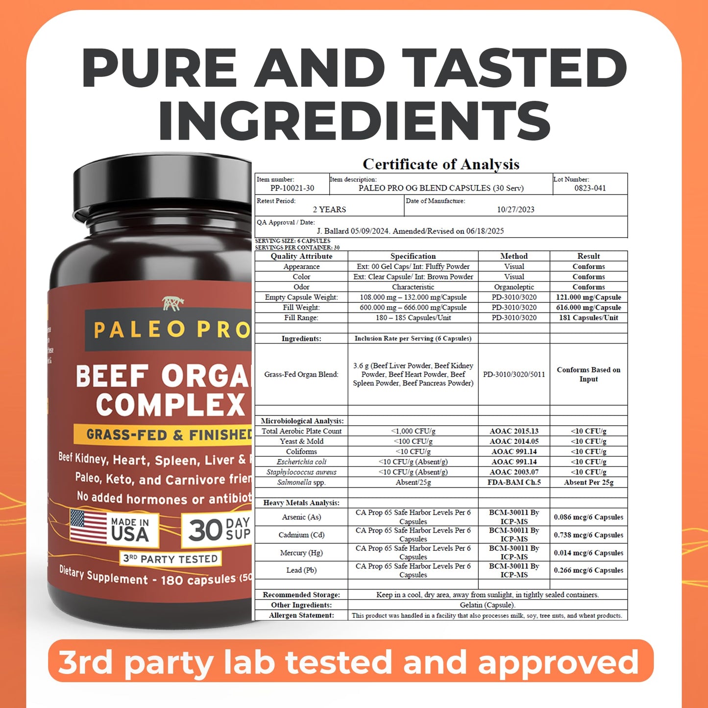 Paleo Pro O.G. Blend Premium Beef Organs Capsules, 180 Count