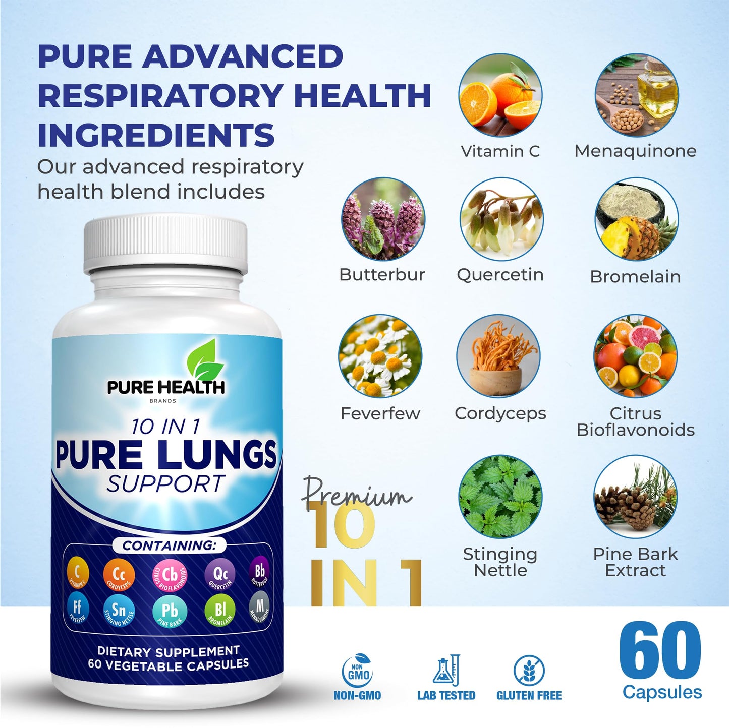 Pure Health Brands Pure Lungs Support 10-in-1 Lung Cleanse & Detox Supplement Capsules, 60 Count