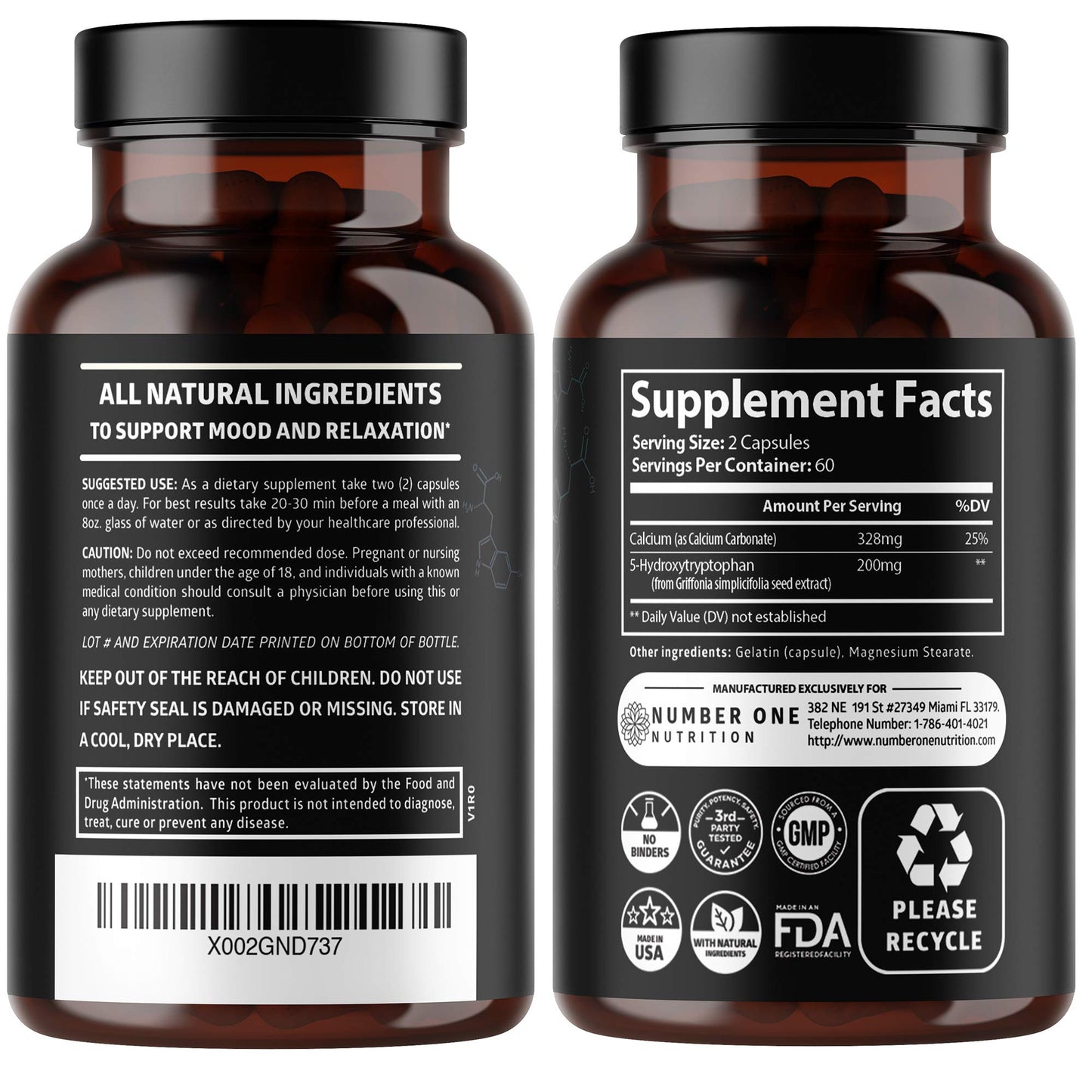 Number One Nutrition N1N Premium 5-HTP 200mg Plus Calcium Capsules, 120 Count