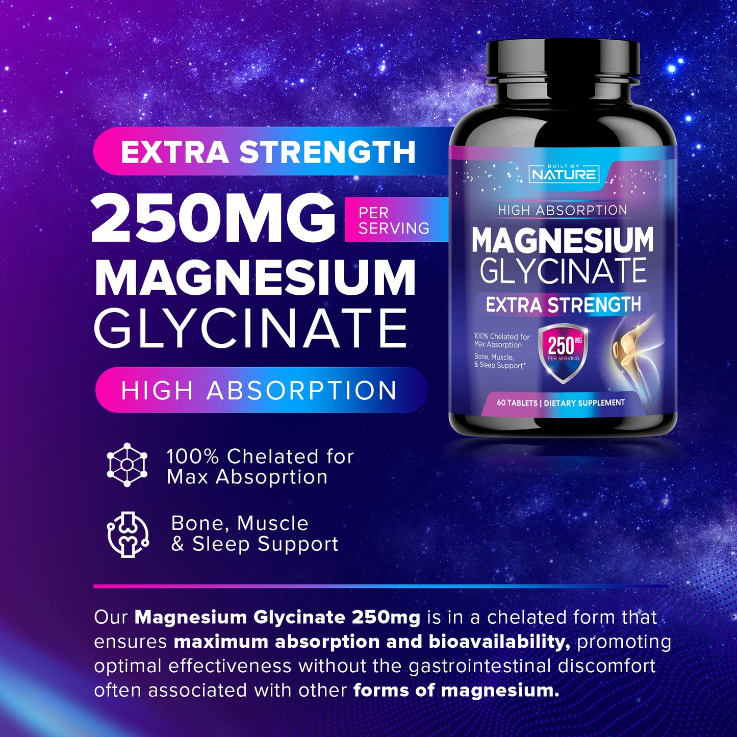 Built by Nature Magnesium Glycinate 250mg Tablet, 60 Count