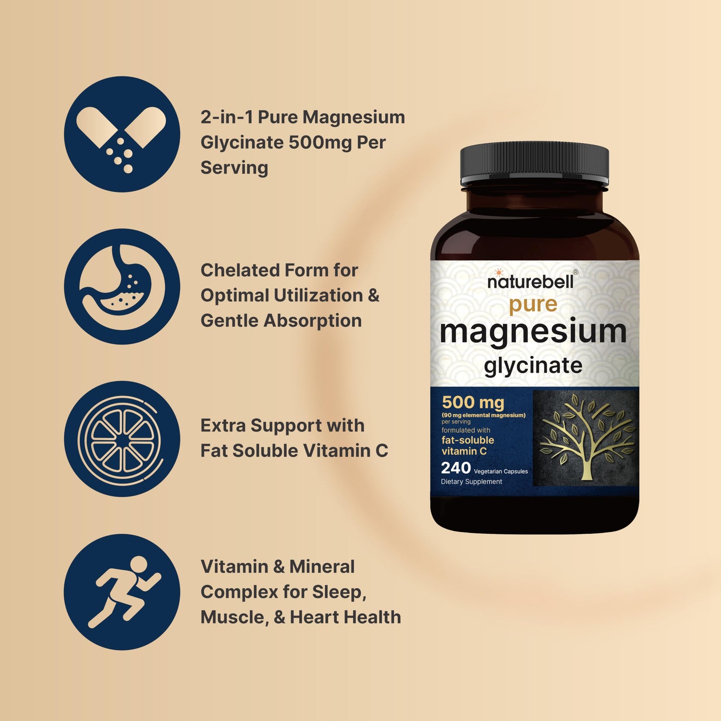NatureBell Pure Magnesium Glycinate 500mg Capsules, 240 Count