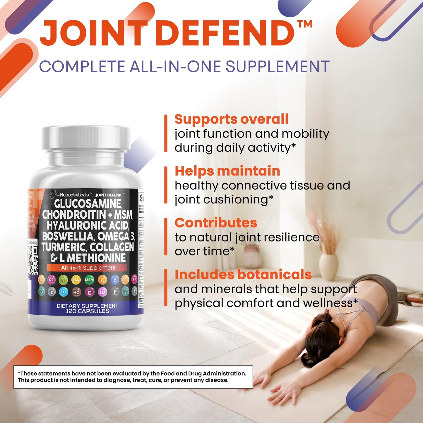 Clean Nutraceuticals Glucosamine Chondroitin MSM 1500mg with Turmeric Curcumin, Collagen, Hyaluronic Acid, Omega 3 Joint Health Supplement Capsule, 120 Count (Pack of 2)