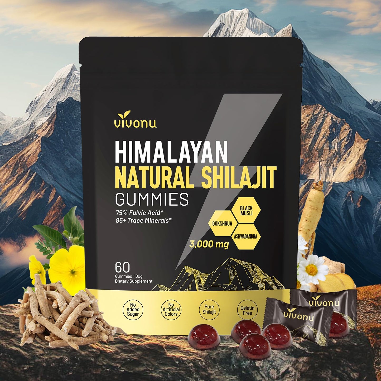 VivoNu Himalayan Shilajit Gummies with Ashwagandha & Gokshura, 60 Count
