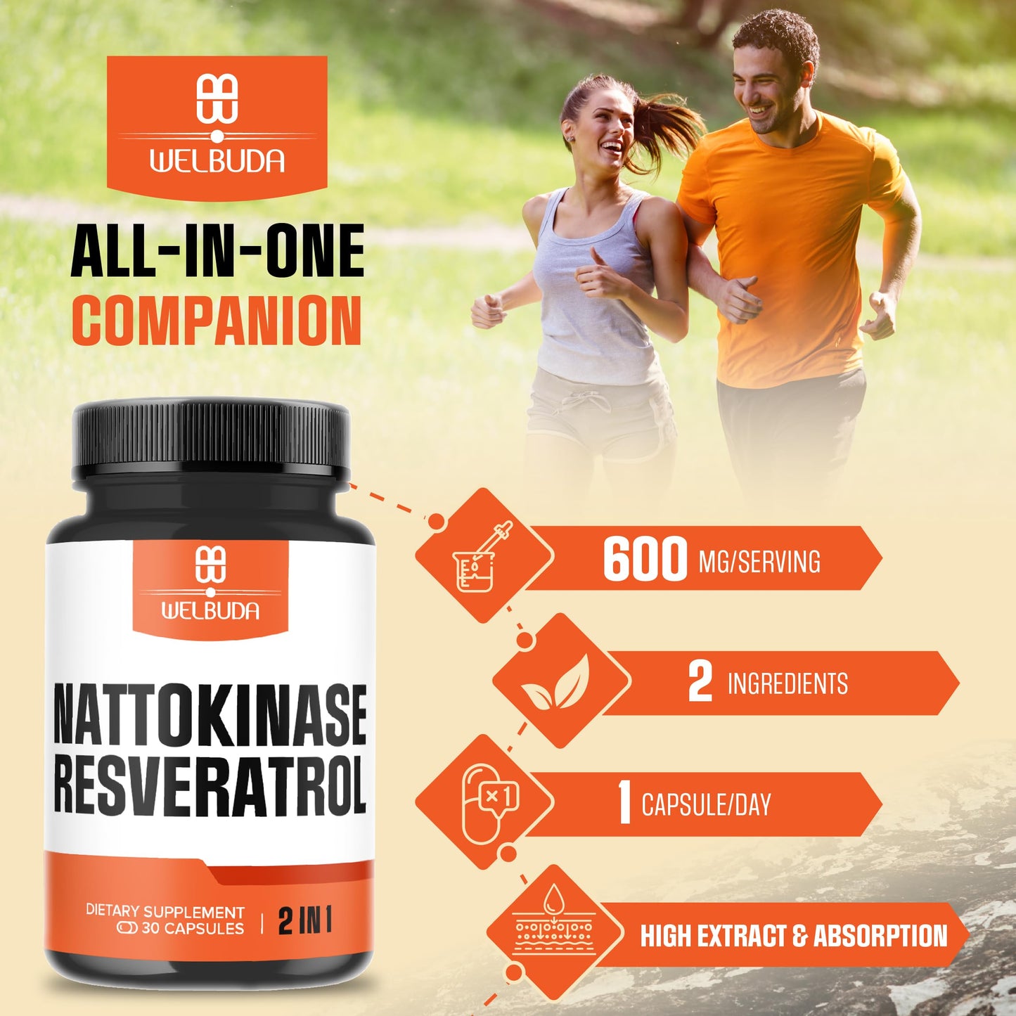 WELBUDA Nattokinase Supplement with Trans-Resveratrol Capsules, 30 Count