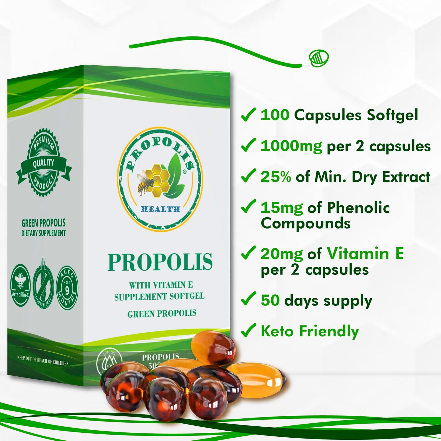 Propolis Health Propolis Capsules 1000mg with Vitamin E, Pure Brazilian Green Propolis Extract, Immune Booster, 100 Capsules