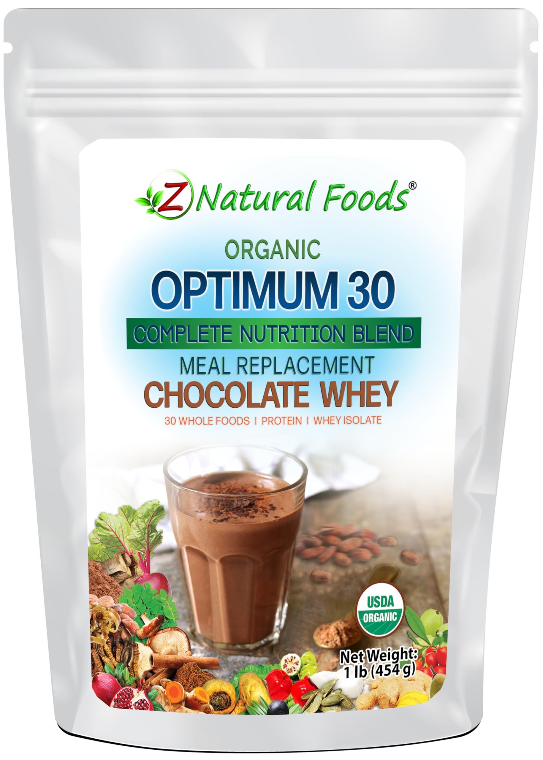 Z Natural Foods Optimum 30 Organic Chocolate Whey Meal Replacement Powder, 16 Ounce
