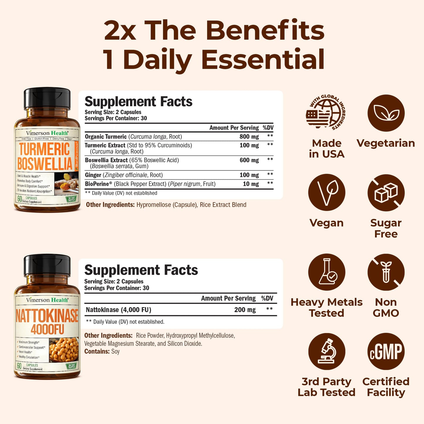 Vimerson Health Boswellia Turmeric Curcumin & Nattokinase Supplement Bundle Capsules, 120 Count