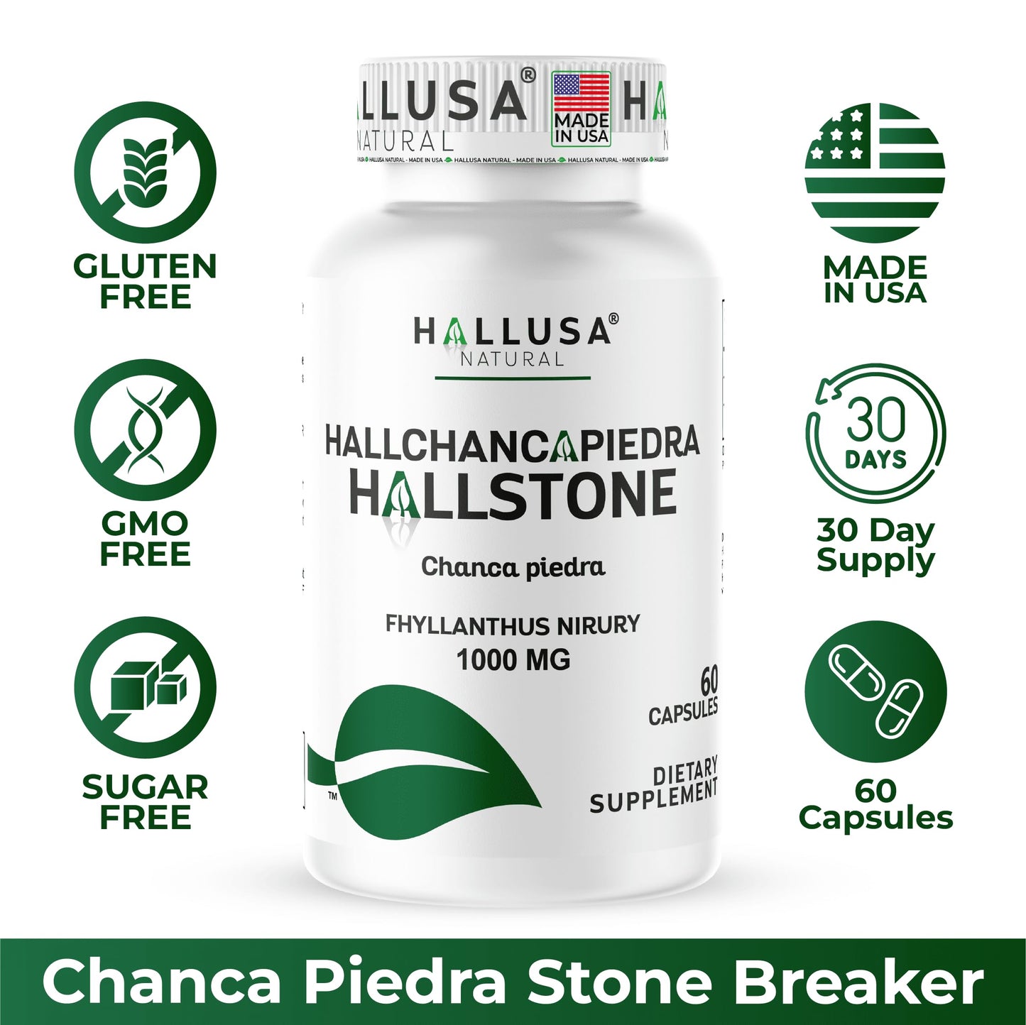 Hallusa Natural Hallchancapiedra 1000 mg Chanca Piedra Supplement, 60 Capsules