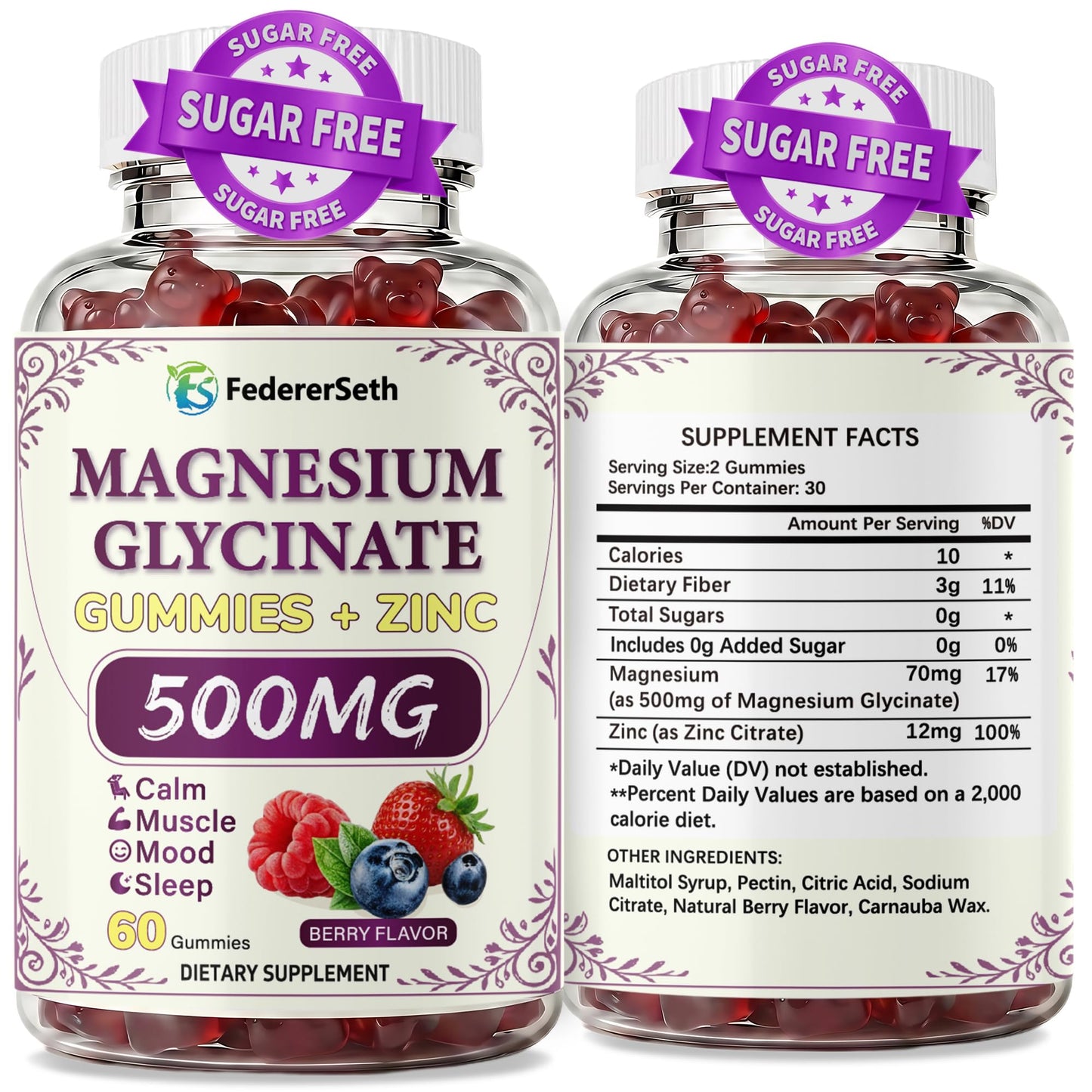 FedererSeth Magnesium Glycinate Gummies 500mg with Zinc for Women & Men, Supports Calm, Muscle Relaxation & Daily Stress Relief, High Absorption Chelated Magnesium, Zero Added Sugar, 120 Gummies
