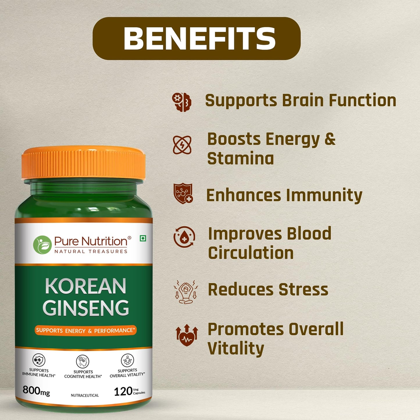 Pure Nutrition Natural Treasures Korean Ginseng 800mg Capsule 120 Count